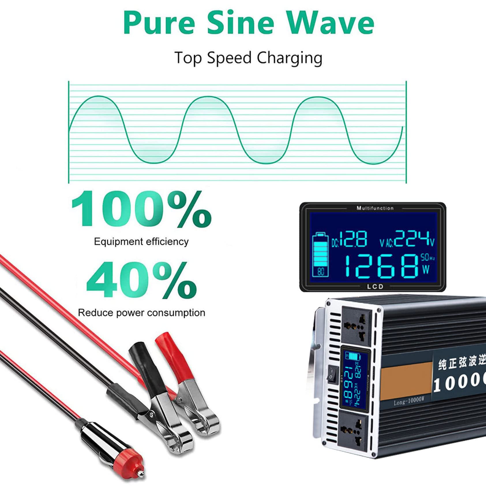 Falownik sinusoidalny 4 kW/5 kW/6 kW/7 kW/8 kW/9 kW/10 kW/12 kW, 12 V/24 V/48 V/60 V, prąd stały na prąd zmienny 220 V-240 V, samochodowy, z wyświetlaczem LCD i wentylatorami chłodzącymi, 8000 W-24