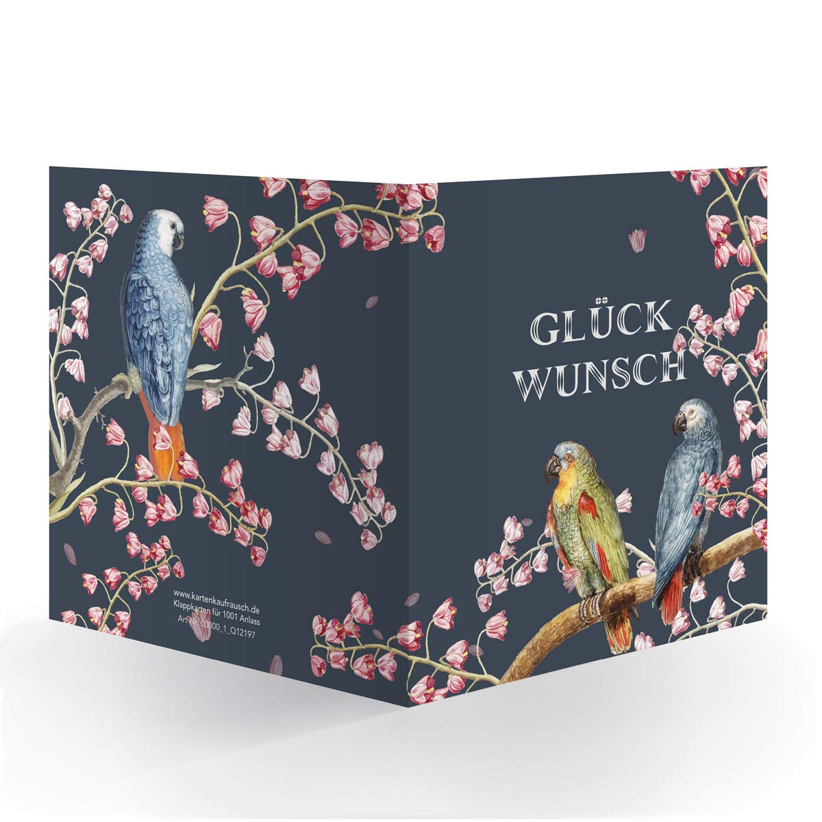 Kartenkaufrausch 12 x Feine blaue Vintage Glückwunsch-karte (quadratisch, 15,5x15,5cm inkl Umschlag) mit Vintage Papageien: Glückwunsch - große XL Karte zur Geburt, Hochzeit, Examen & Geburtstag