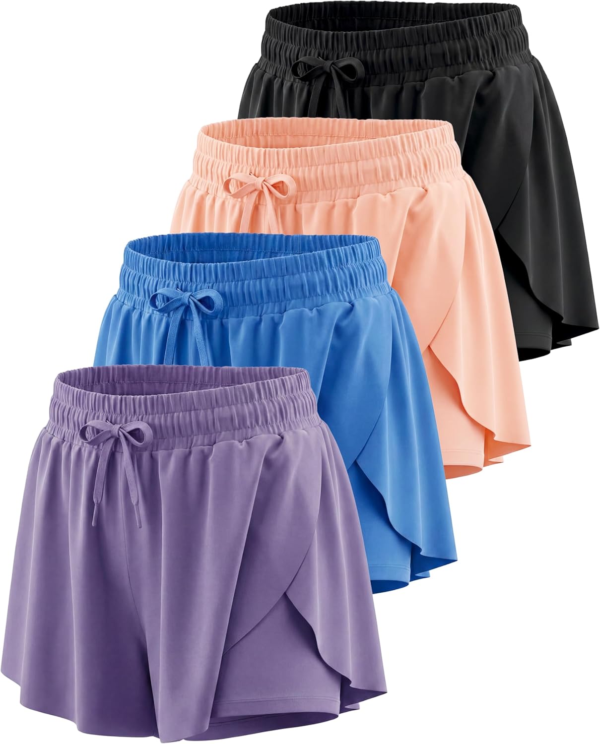 Real Essentials 4 Pack: Girls' 2-in-1 Dry Fit Athletic Flowy Shorts - Butterfly Dance Skirts for Youth & Teens (Ages 4-18)