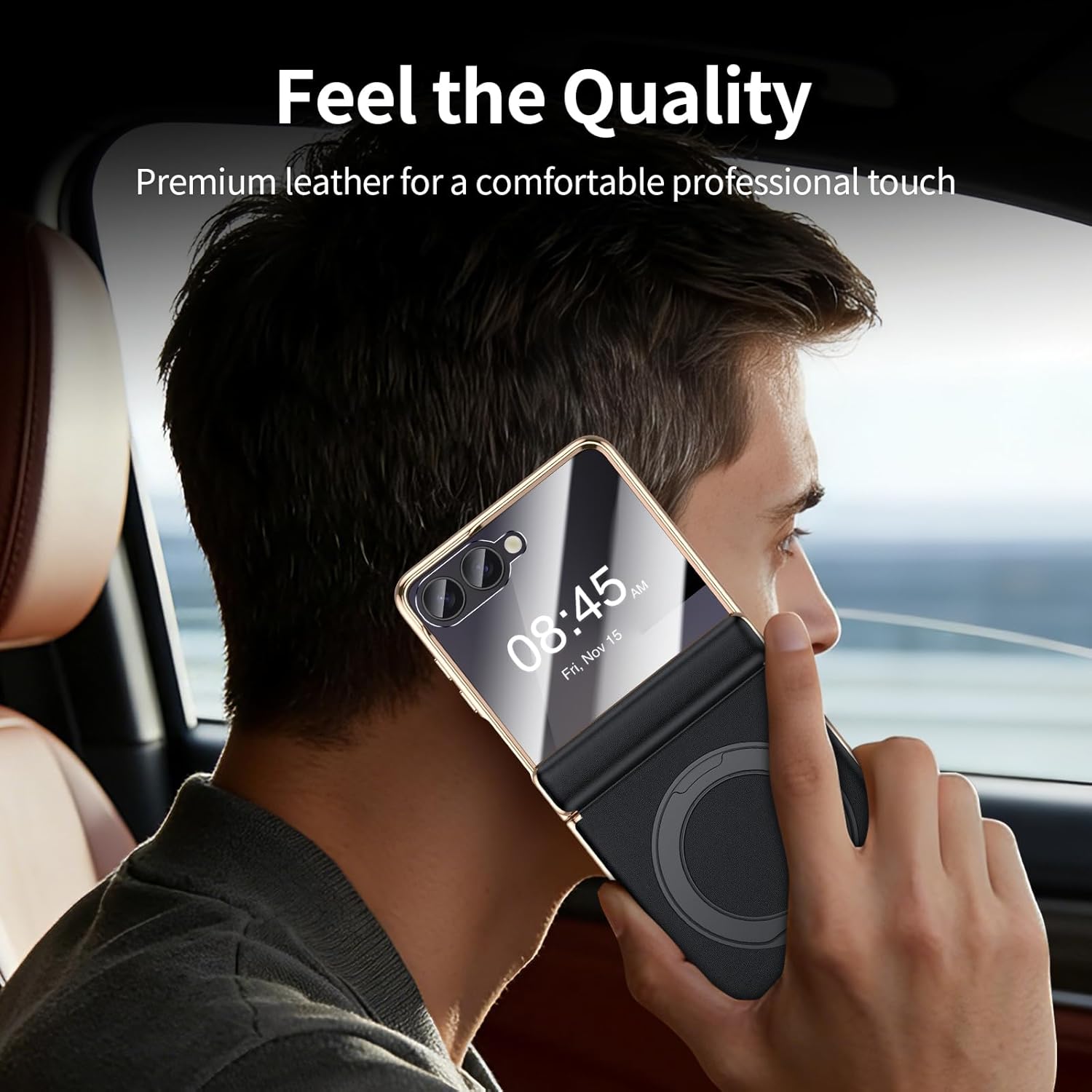 for Galaxy Z Flip 7 Case Luxury Leather with Screen Protector [Hinge Protection],Fit for Magsafe,Magnetic Kickstand & Ring Holder for Samsung Z Flip 7 Case Black