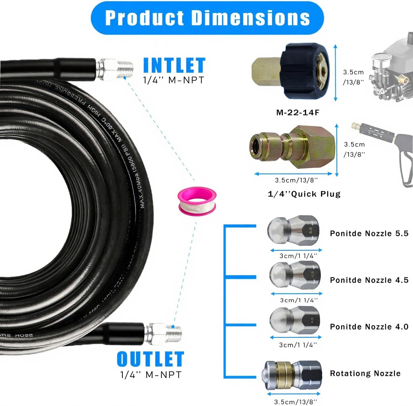 Sewer Jetter Kit for Pressure Washer 50FT, 5800PSI Water Jet Drain Cleaner Hose with 4 Sewer Jetting Nozzles, 1/4 Inch NPT Corner, Waterproof Tape and Handle Strap