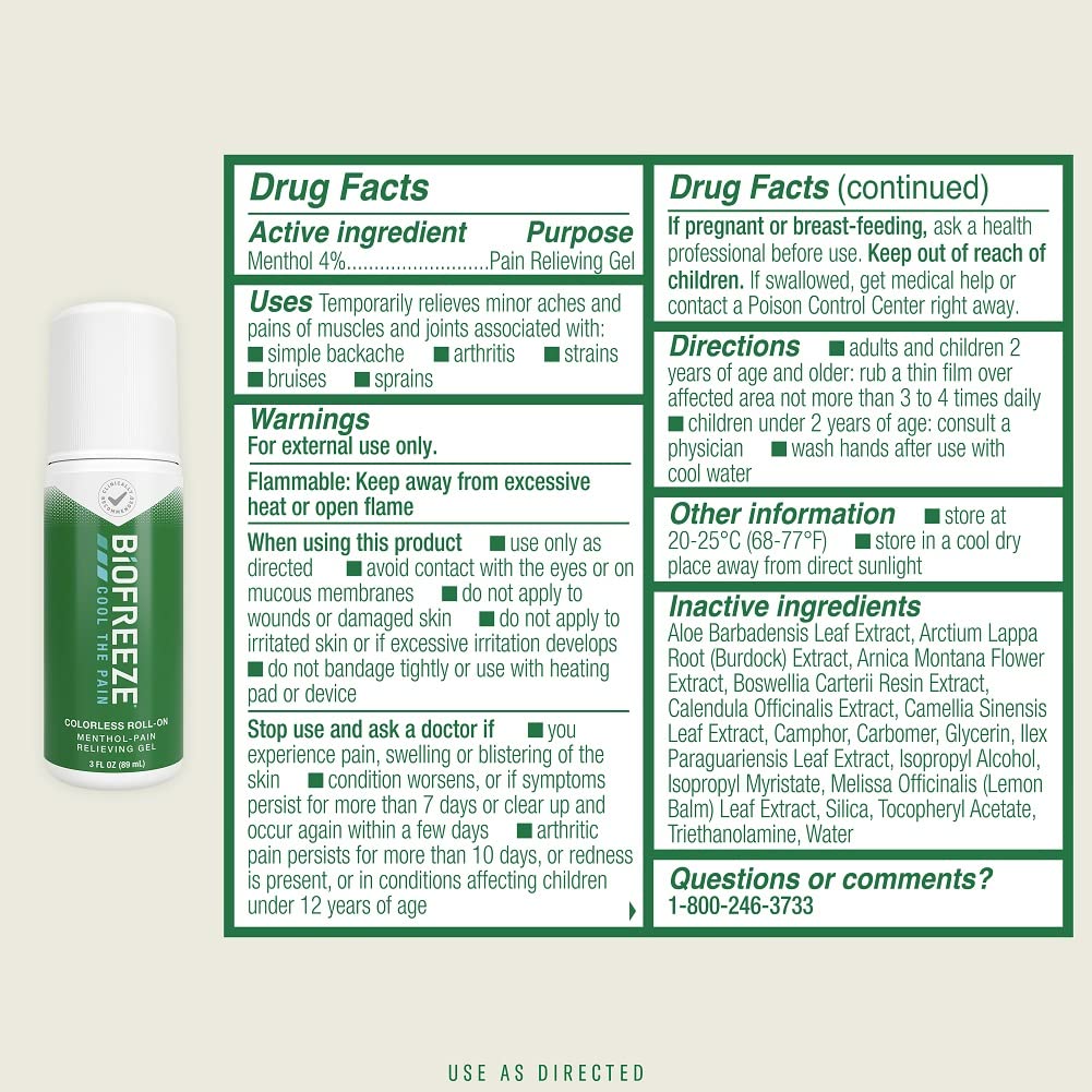 Biofreeze Roll-On Pain-Relieving Gel 3 FL OZ, Colorless Topical Pain Reliever For Muscles And Joints From Arthritis, Backache, Strains, Bruises, & Sprains (Package May Vary)