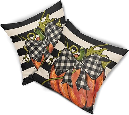 Miniatura 8 de Juego de 2 fundas de almohada de otoño de 18 x 18 pulgadas, color naranja de Acción de Gracias, para exteriores, otoño, negro y blanco, a rayas,