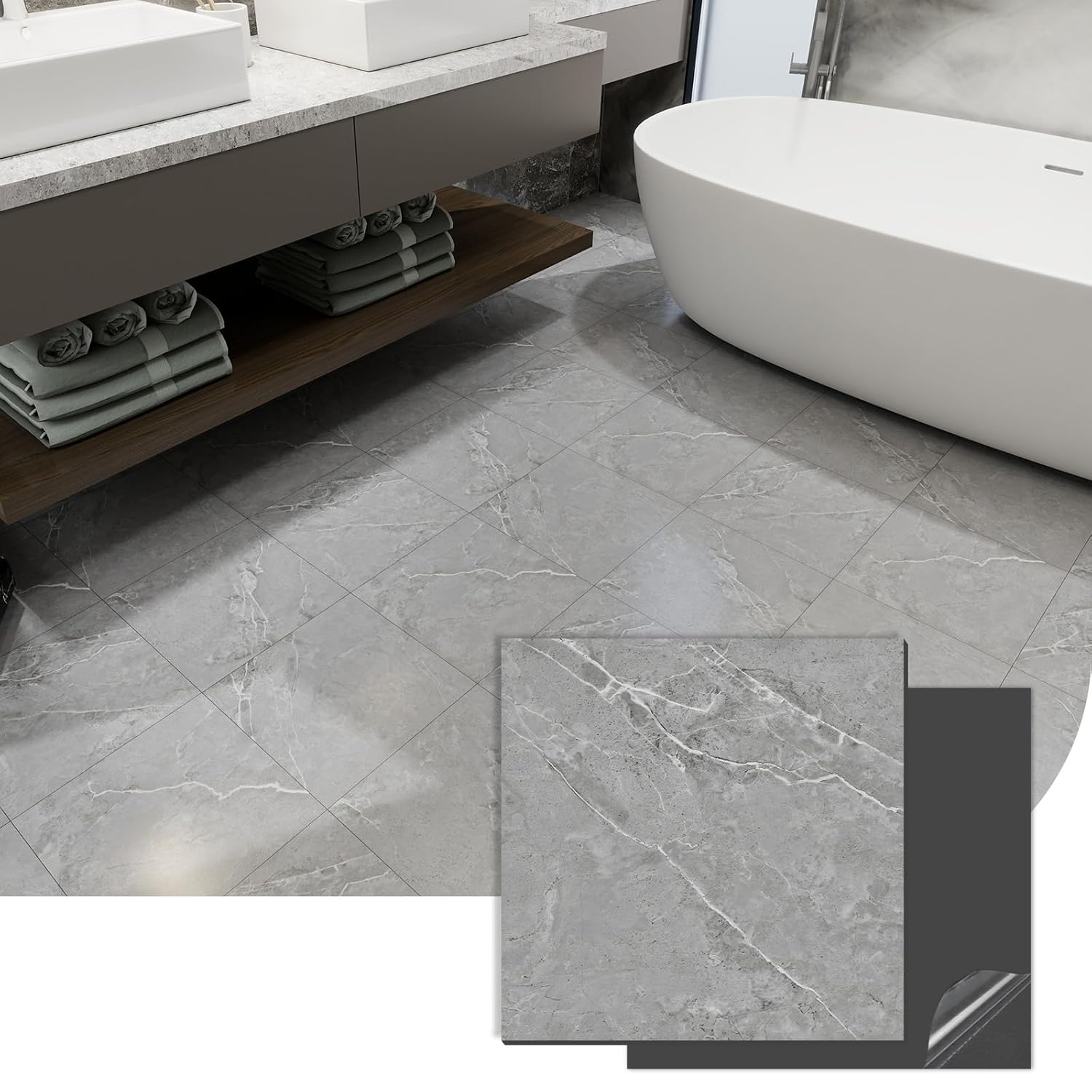 30-Pack 12"x12" Marble Peel and Stick Floor Tiles Waterproof Self Adhesive Vinyl DIY Flooring for Bedroom, Bathroom, Kitchen, RV, Cover 30 Sq. Ft, Grey Marble