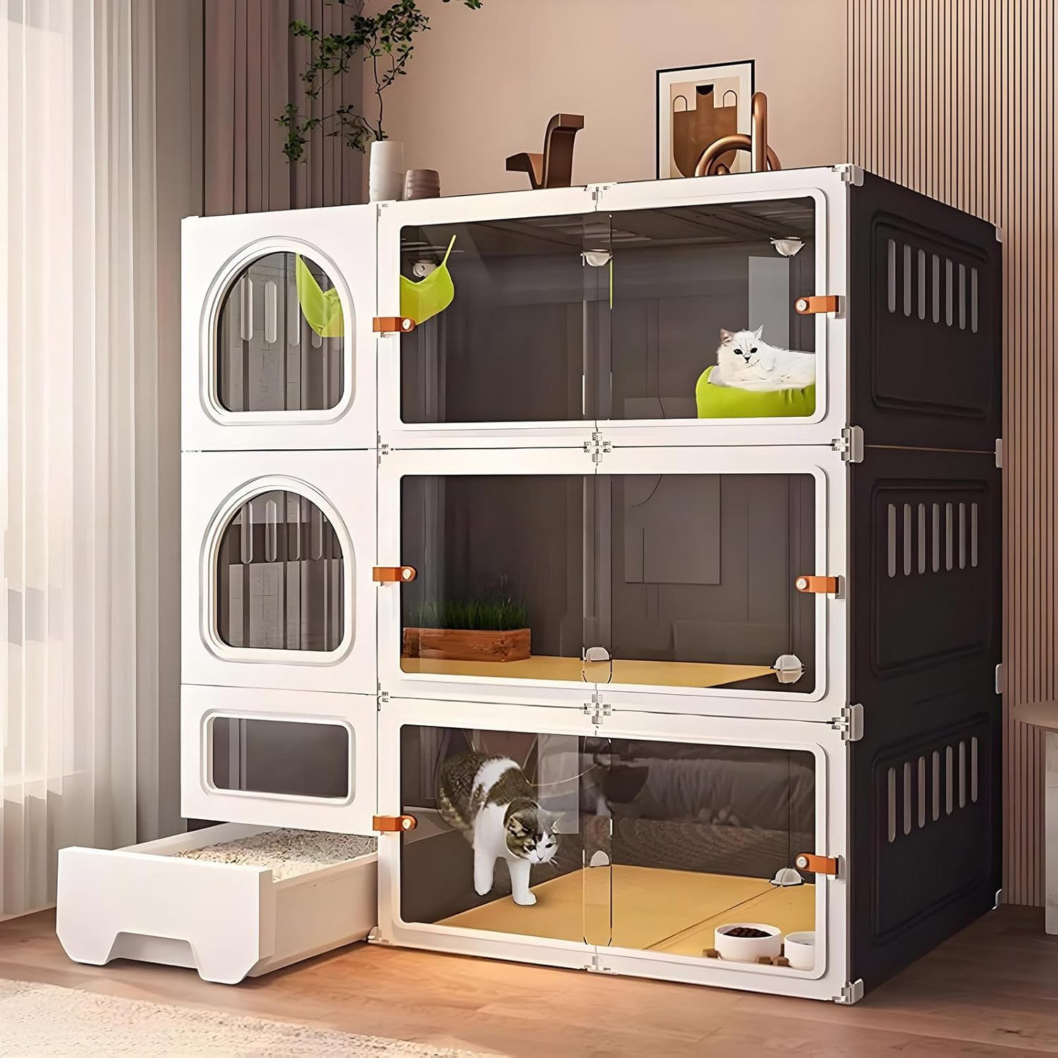 3-Tier Large Indoor Cat Cage with Litter Box - Durable Transparent Villa & Playpen for Cats, Ideal Home & Patio Enclosure, Easy to Clean Resin Plastic Design