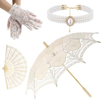 4 Pcs 32 White Vintage Lace Parasol Umbrella Handheld Folding Fan Set Rhinestones Pearls Necklace Lace Gloves Set for Women Bride Wedding Tea Party Halloween Costume