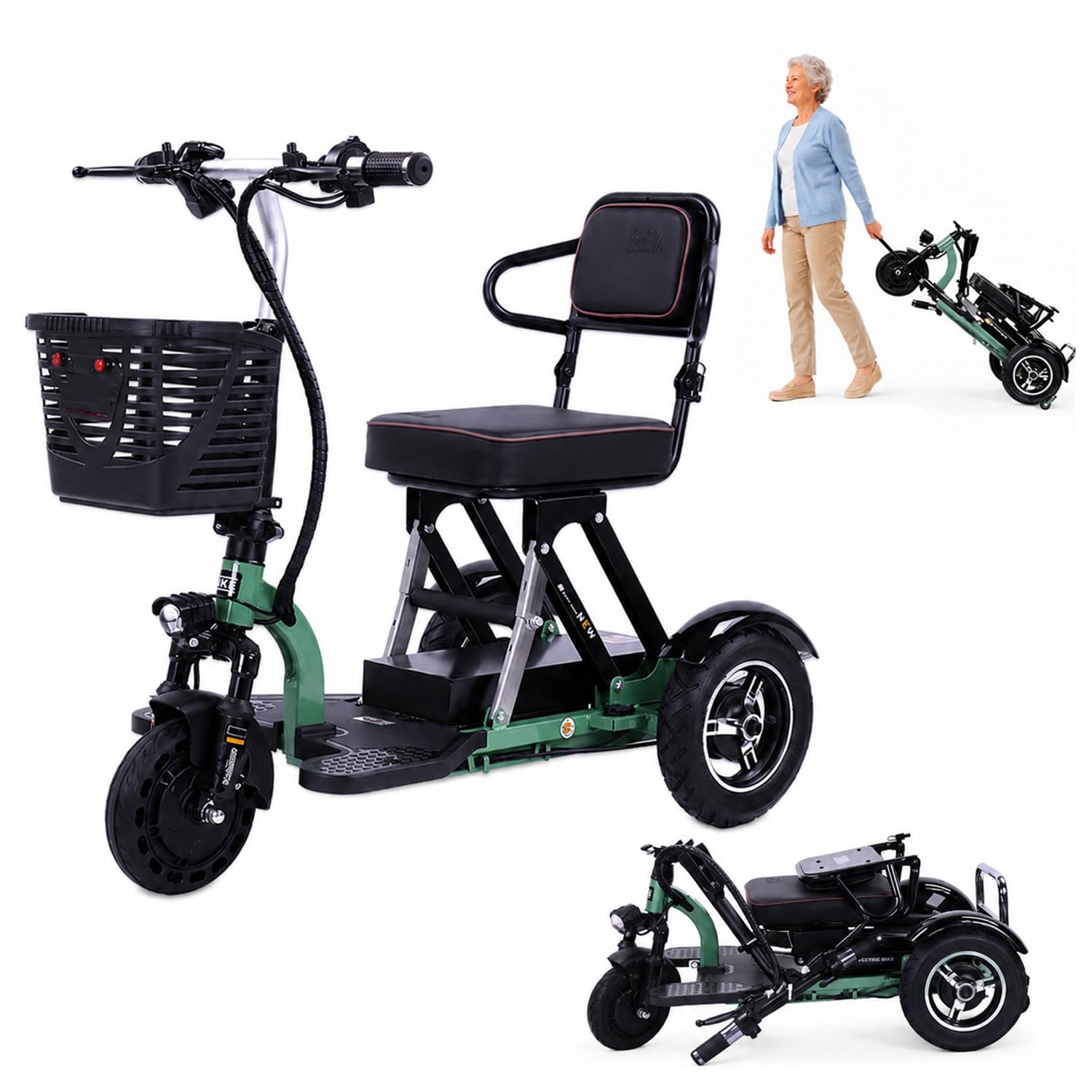 Scooter De Movilidad Plegable De 3 Ruedas para Adultos Y Personas Mayores, Triciclo Eléctrico con Asiento Cómodo Y Cesta Delantera, Scooter De Viaje Portátil para Uso Diario Green