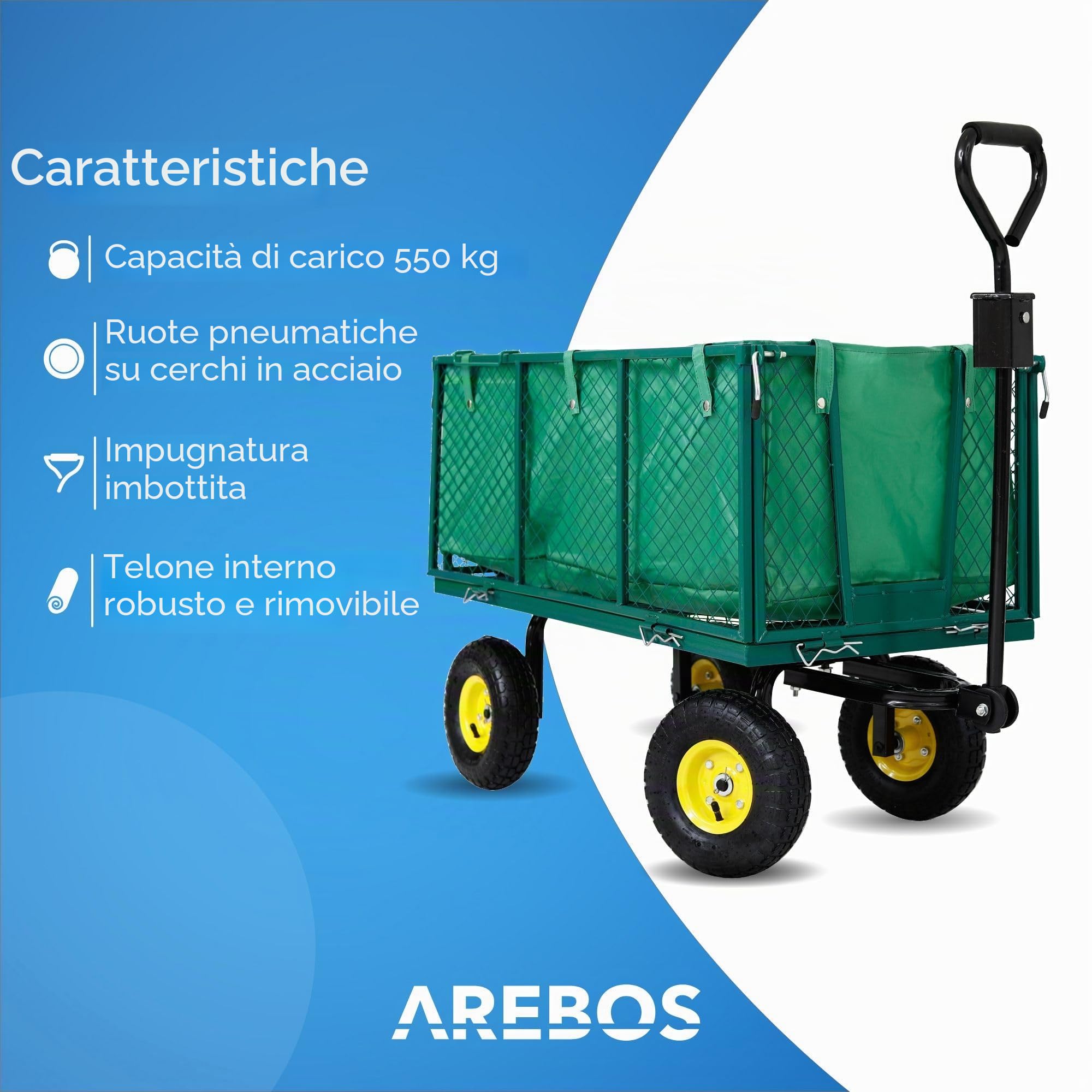 Arebos carrello da giardino | con pneumatici profilati | portata 550 kg | carrello a piattaforma