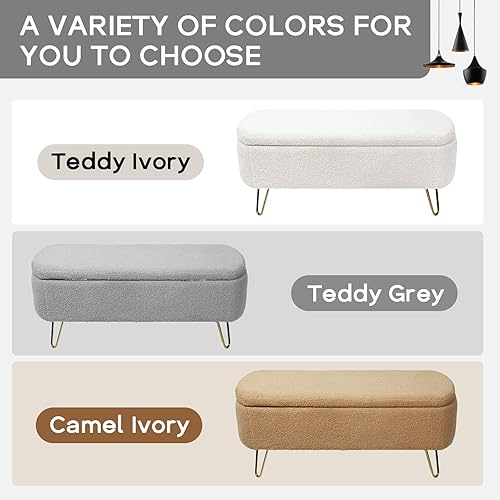 Miniatura 7 de Banco otomano de almacenamiento moderno, banco de entrada tapizado con diseño de boucle vintage, banco de pie de cama con patas doradas, banco