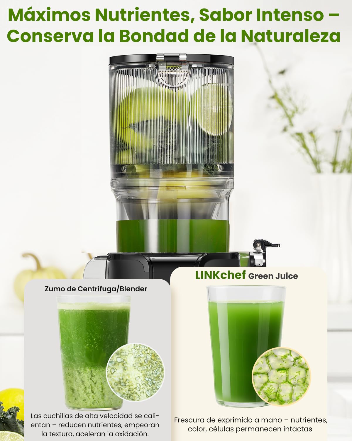 LINKChef Extractor de Jugos y Verduras Prensado en Frío | Slow Juicer 200W | Boca Ancha 115mm para Frutas Enteras | Licuadora con Recetario Incluido | Sin BPA, Negro
