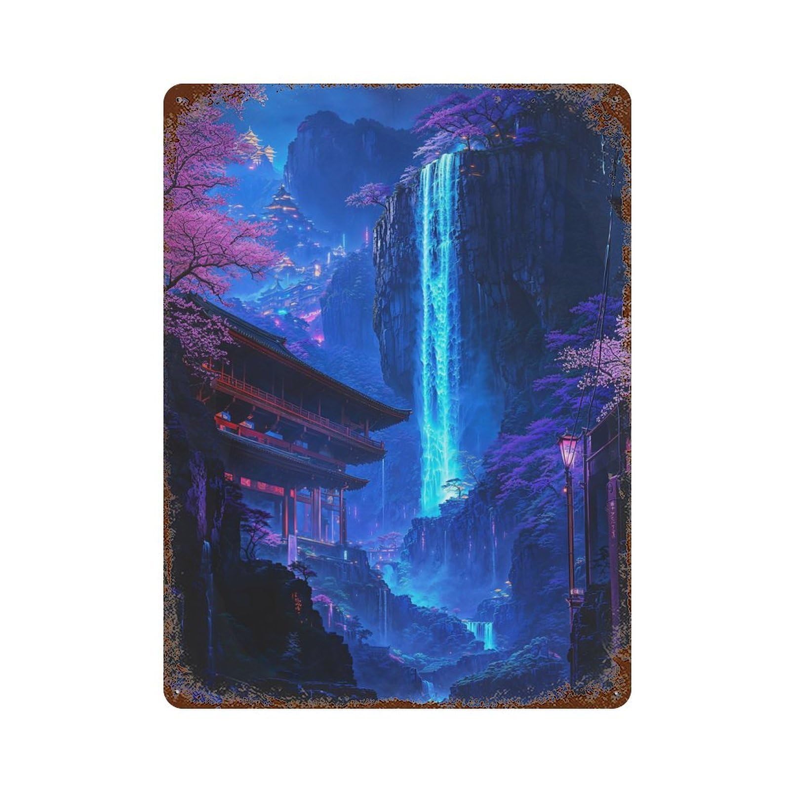 Rust Effect Neon Sakura Waterfall Art Rusty Metal Tin Sign 15.7"x11.8", Old School Wall Decor for Cafe, Home Bar And Lounge Decor
