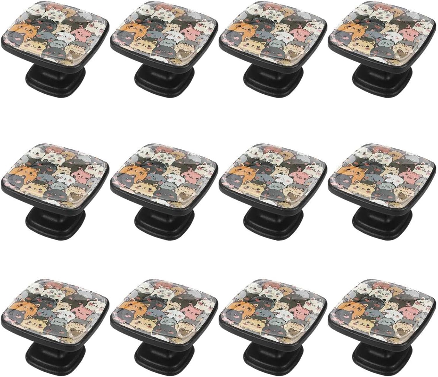 12 Pieces Kawaii Cute Cats Cartoon Animals Glass Knobs for Dresser Drawers, 1.37 x 1.10 in Square Kitchen Cabinet Pulls for Home Office Nursery Kids Room