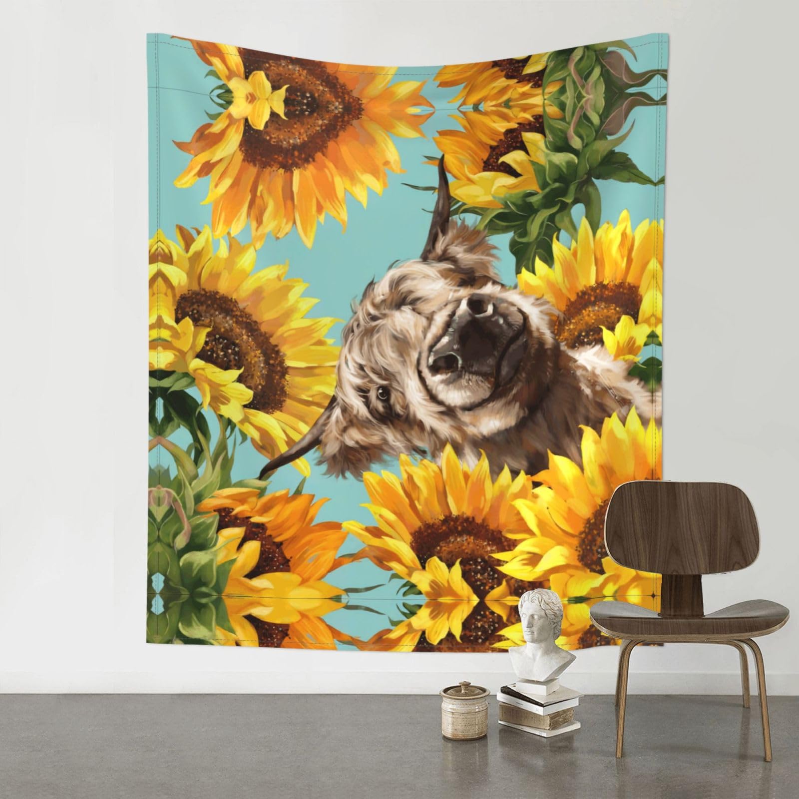 YYHHAOFA Cow with Sunflowers in Blue Prints 60x51in Wall Tapestry Boho Chic Dorm Decor & Beach Throw Blanket