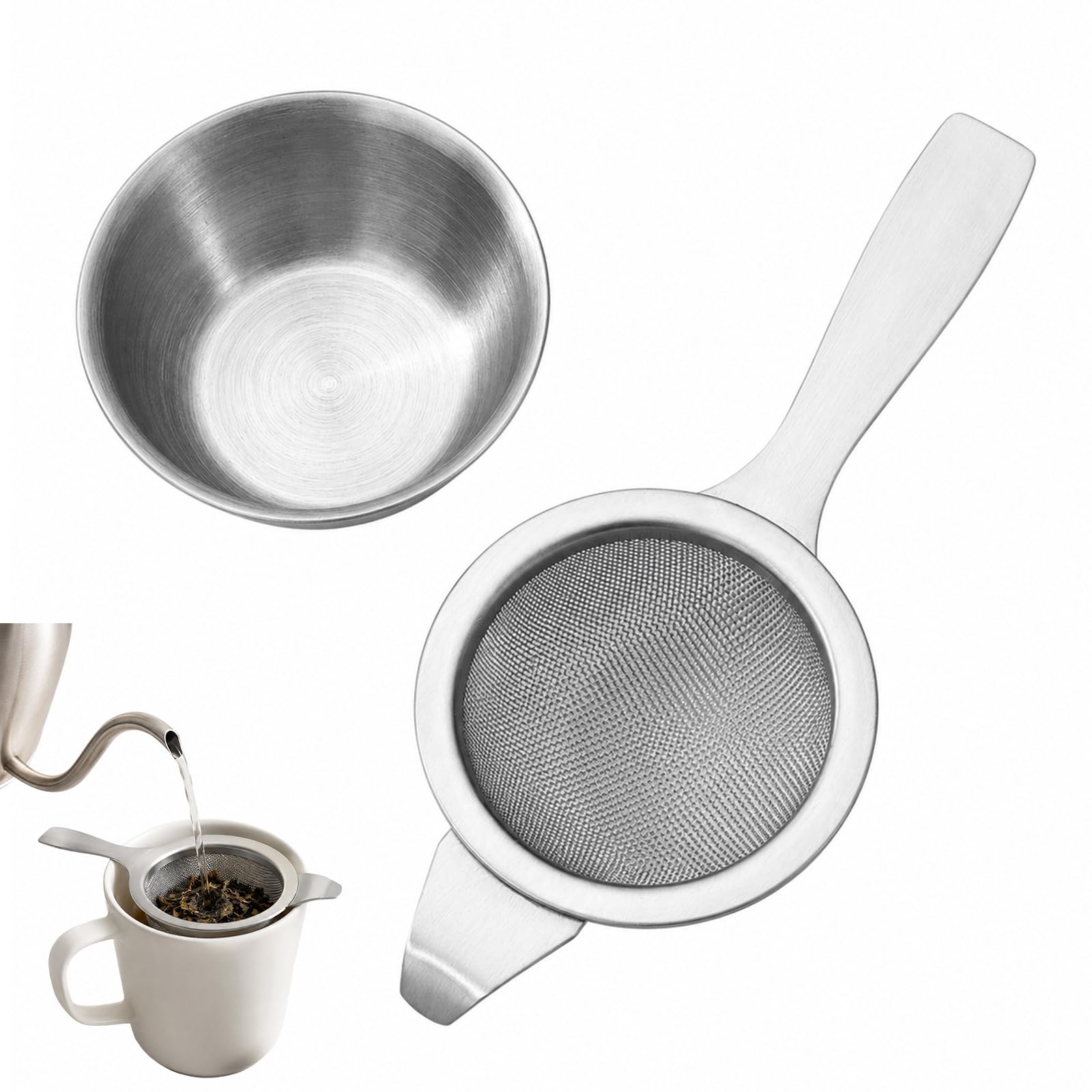 Tinminx Stainless Steel Tea Filter with Drip Bowl, Fine Mesh Tea Strainer for Loose Leaf Tea Coffee, Rust Resistant Kitchen Tool