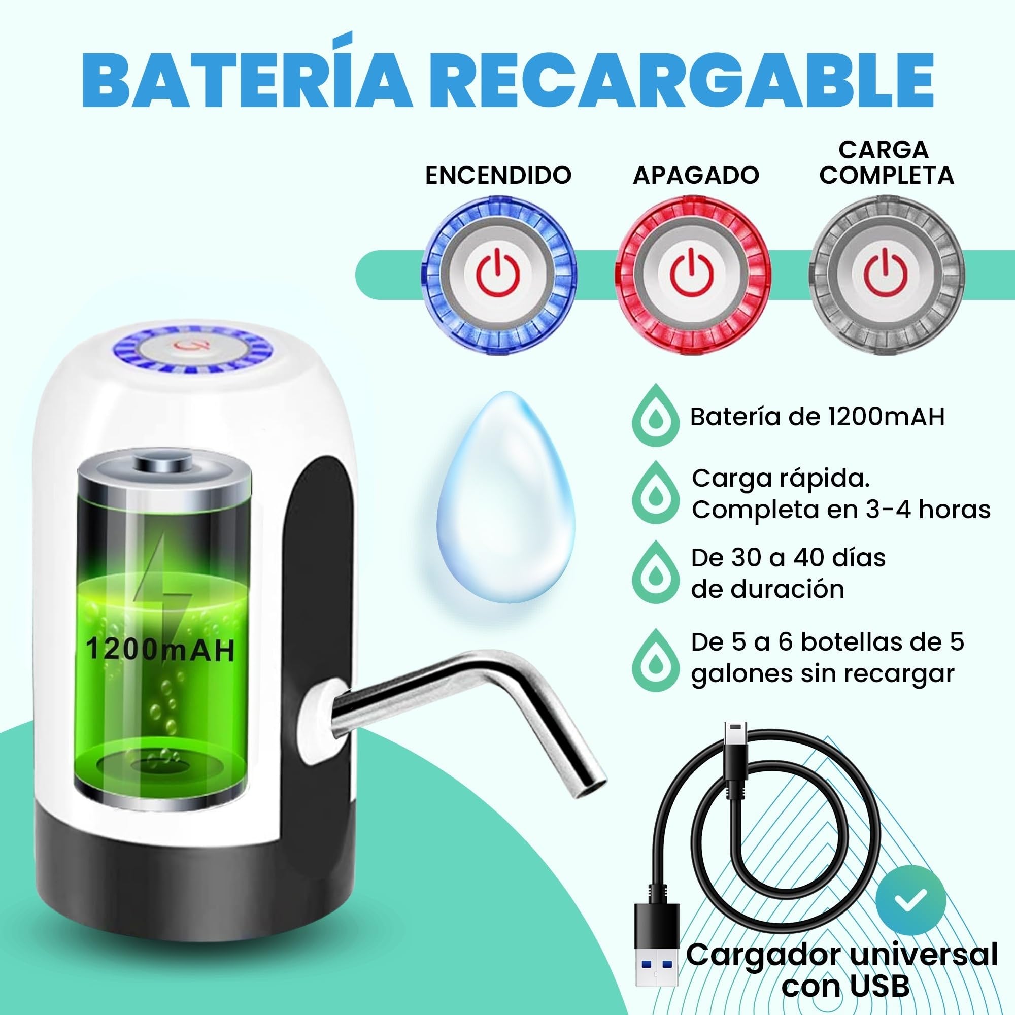 Distributore di acqua, rubinetto elettrico per lattine di acqua fredda, pompa dosatrice con due adattatori. 5,7L, 10L, 11,3L, 15L, 18,9L.