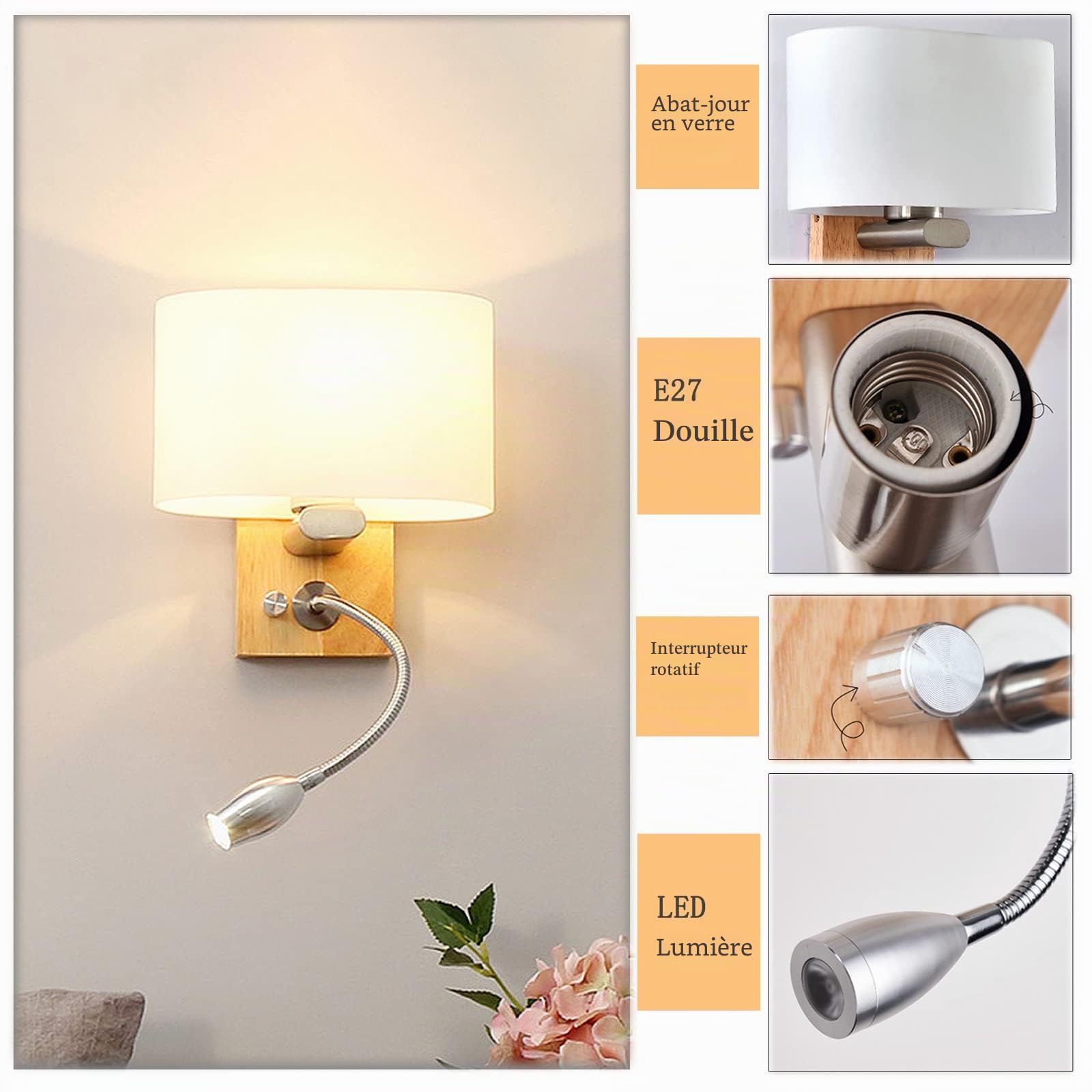 Luminaire Applique Murale Bois Avec Interrupteur Lampe Lecture Murale LED Tube Metal Cygne Flexible Réglable Abat Jour Verre Liseuse Chevet Murale Douille E27 Salon Étude Chambre Adulte (2 pack)