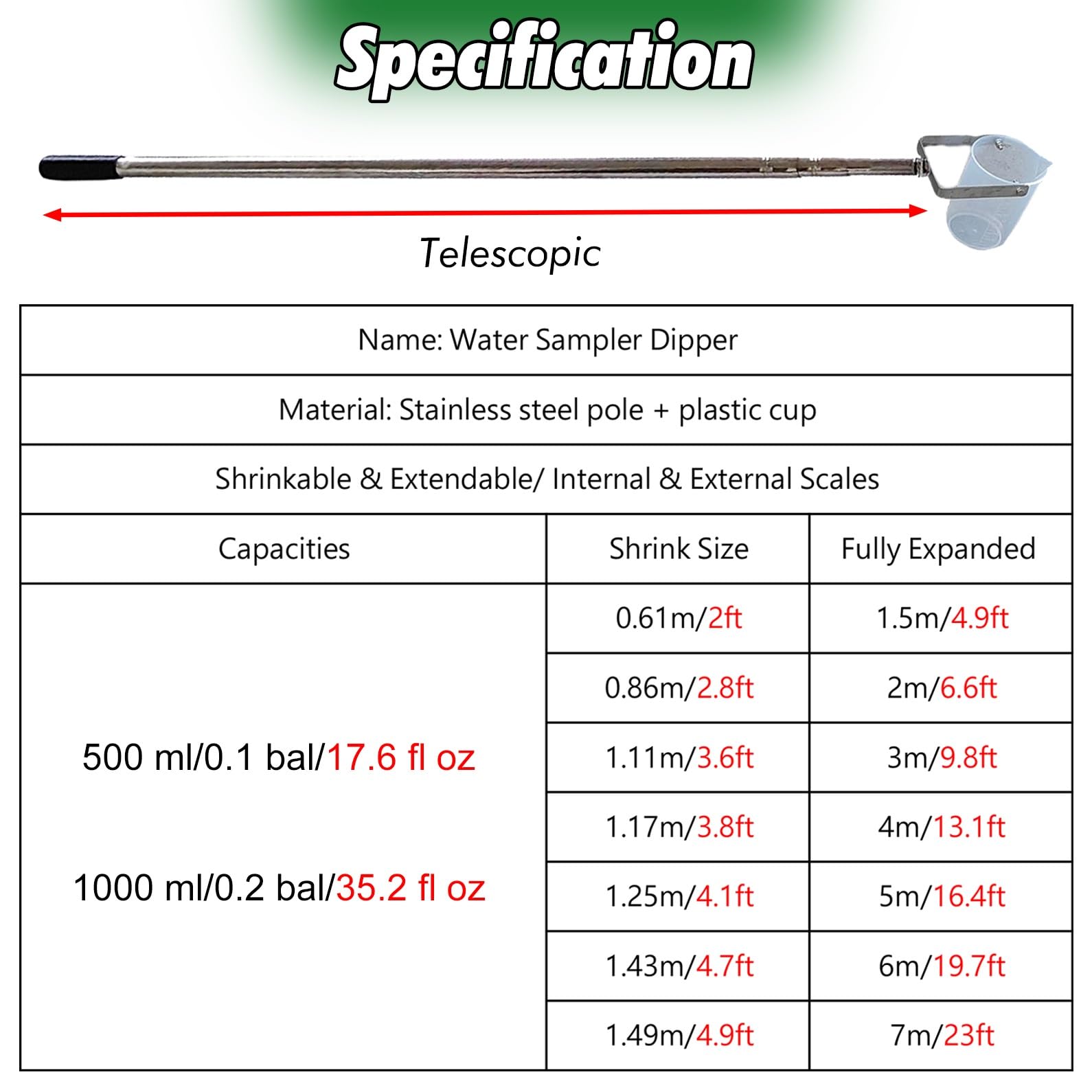 SRNSAEB Campionatore d'Acqua telescopico 500 ml/1000 ml, Asta di campionamento Acqua per monitoraggio Ambientale Quali, di Raccolta Campioni d'Acqua in Acciaio(1000mL,1.11m/3.6ft-3m/9.8ft)