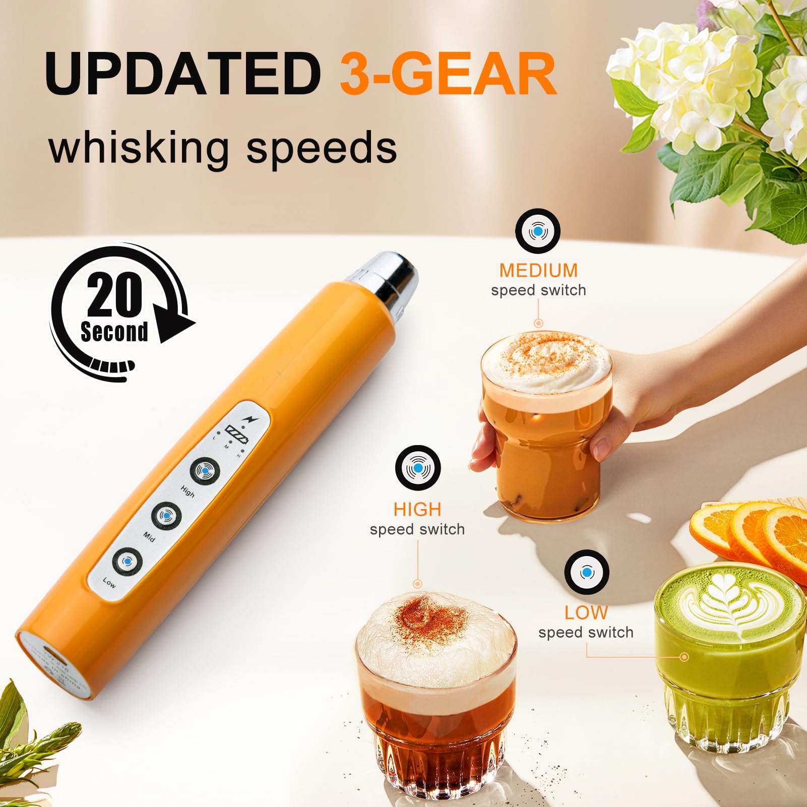 YUSWKO Mousseur à lait portable pour café, mélangeur de boisson rechargeable avec 3 têtes et 3 vitesses - Fouet électrique pour latte, cappuccino, chocolat chaud, œuf - citrouille