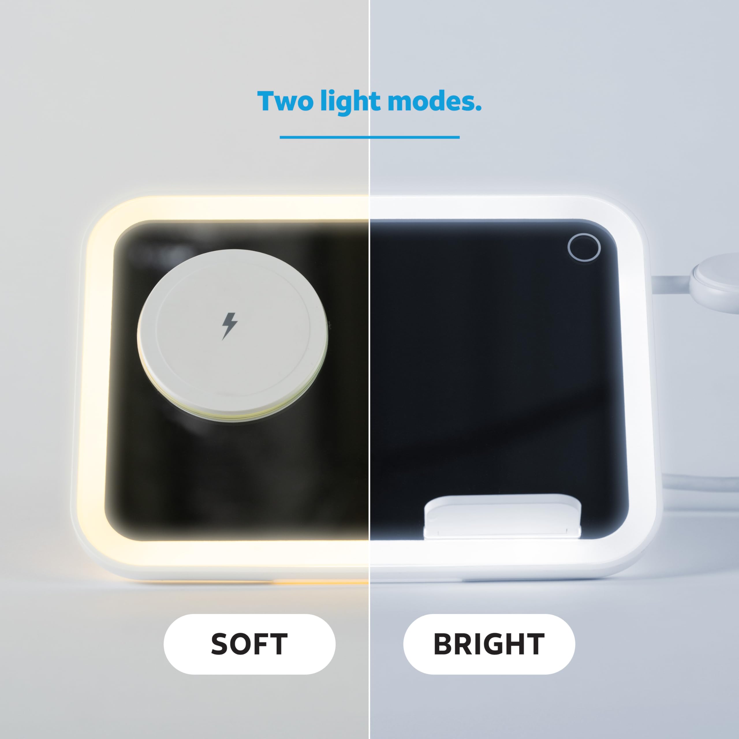 AT&T Essentials - Stazione di ricarica 3 in 1 con specchio a LED, compatibile con magneti, con bordo illuminato a LED (iPhone, Airpods, Apple Watch)