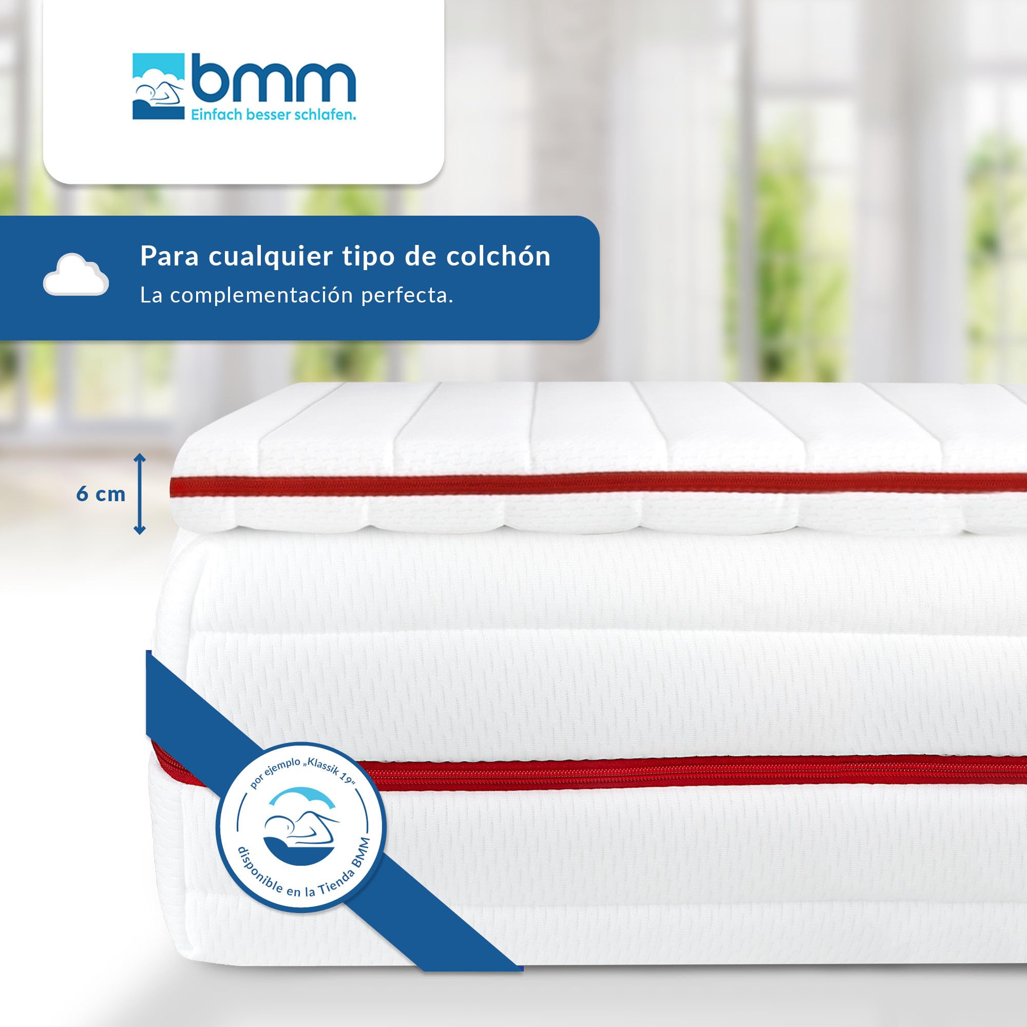 BMM Topper 100x200 cm Classic Premium, Grado de Firmeza H2 Suave, Cubrecolchón de Espuma Fría, Certificado Öko-Tex, Ortopédico, Altura 6 cm, Producido en Alemania