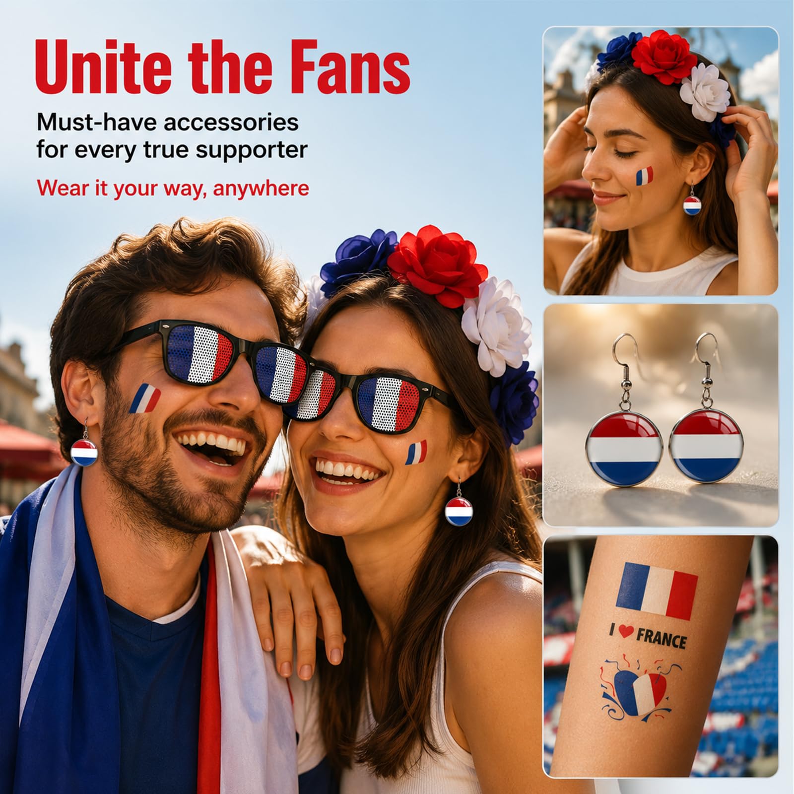 Set d'articles pour supporters français femmes Bleu-Blanc-Rouge - Serre-tête, boucles d'oreilles, lunettes de soleil & tatouages