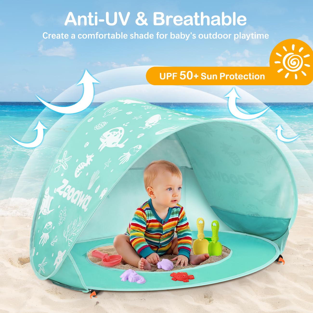 Tente Anti-UV Bébé, Grande Tente de Plage pour Bébé avec Mini-Piscine-Système Pop-Up avec Jouets, Protection Solaire FPS 50+ pour Maison, Cour, Camping, Menthe Verte