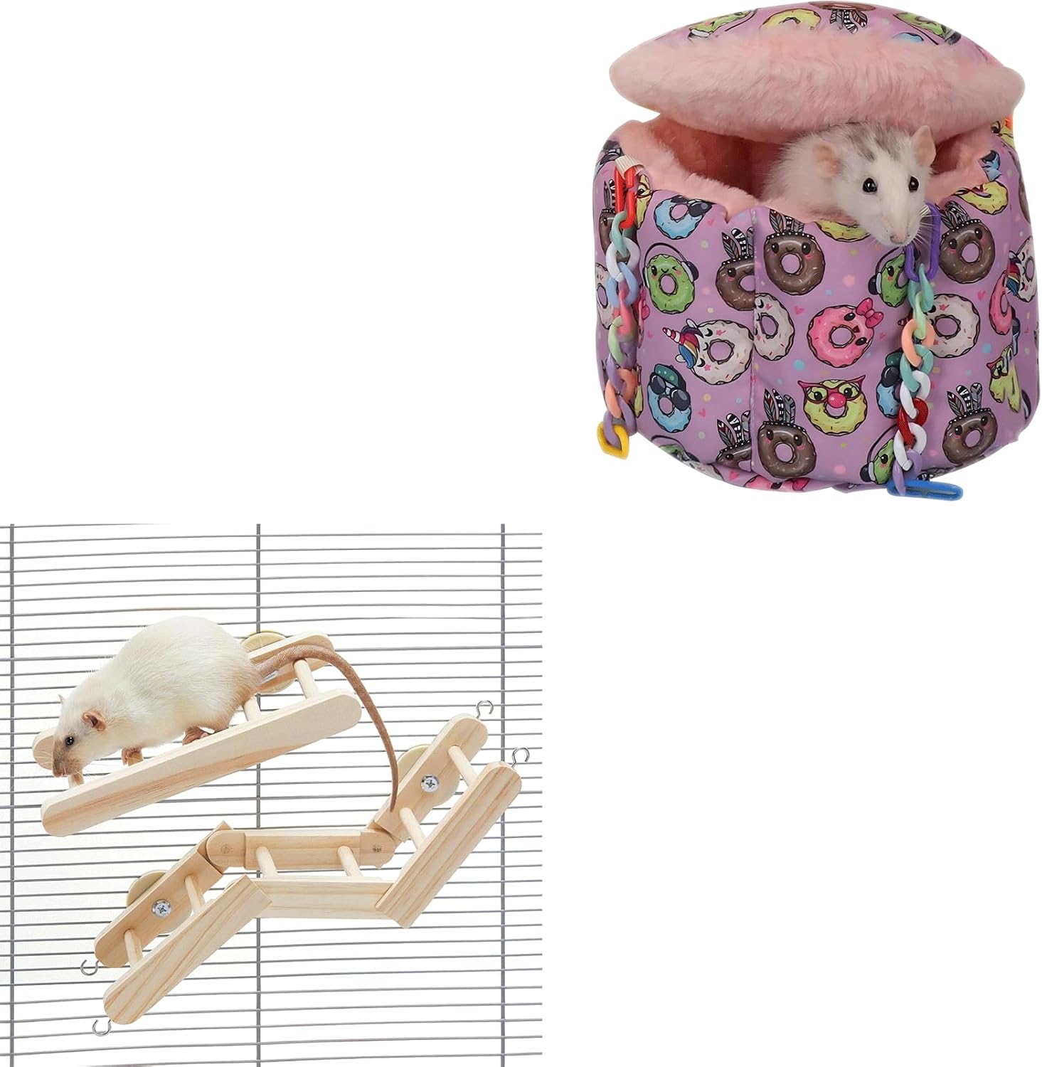 Rat Hanging Bed & Flexible Wooden Climbing Ladder, Sugar Glider Cage Accessories, Guinea Pig Warm Sleeping Nest, Small Animals Hammock for Squirrel, Hamster, Parrot & Pet Rats Enrichment Toy