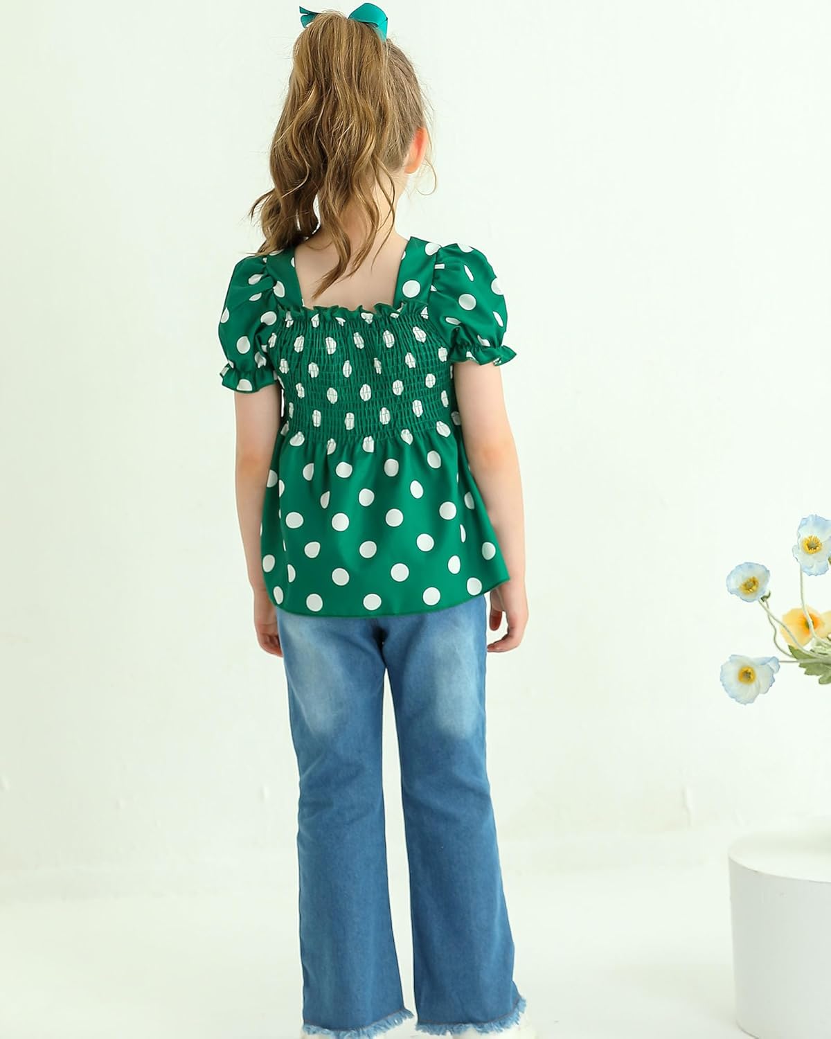 Kucnuzki Toddler Kids Girls Clothes Short Sleeve Shirt Top Flare Denim Jeans 2 Piece Outfits For Girls Cute Clothing Set - Image 3