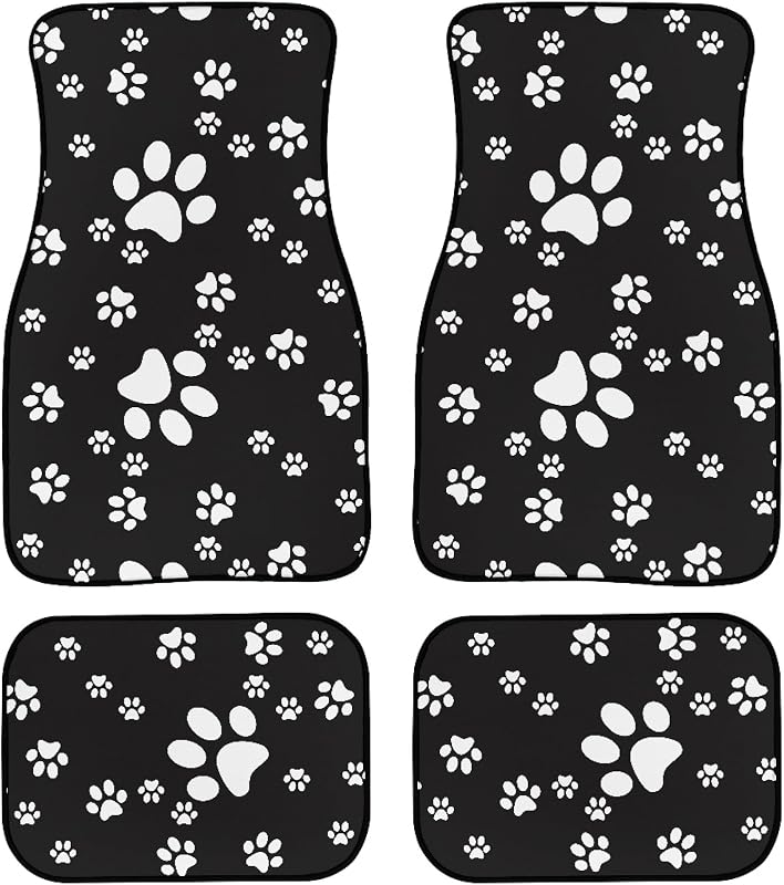 Kit de Tapetes Automotivos BENXINYA com Estampa de Patas Brancas em Fundo Preto, 4 Peças