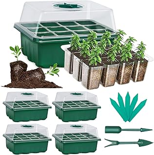 SHEEFLY 5 Set Seed Trays Seedling Starter Tray 60 Cells Humidity Adjustable Plant Starting Kit with Dome and Base Greenhouse Grow Trays Mini Propagator for Garden Seeds Growing with Hand Tools Labels