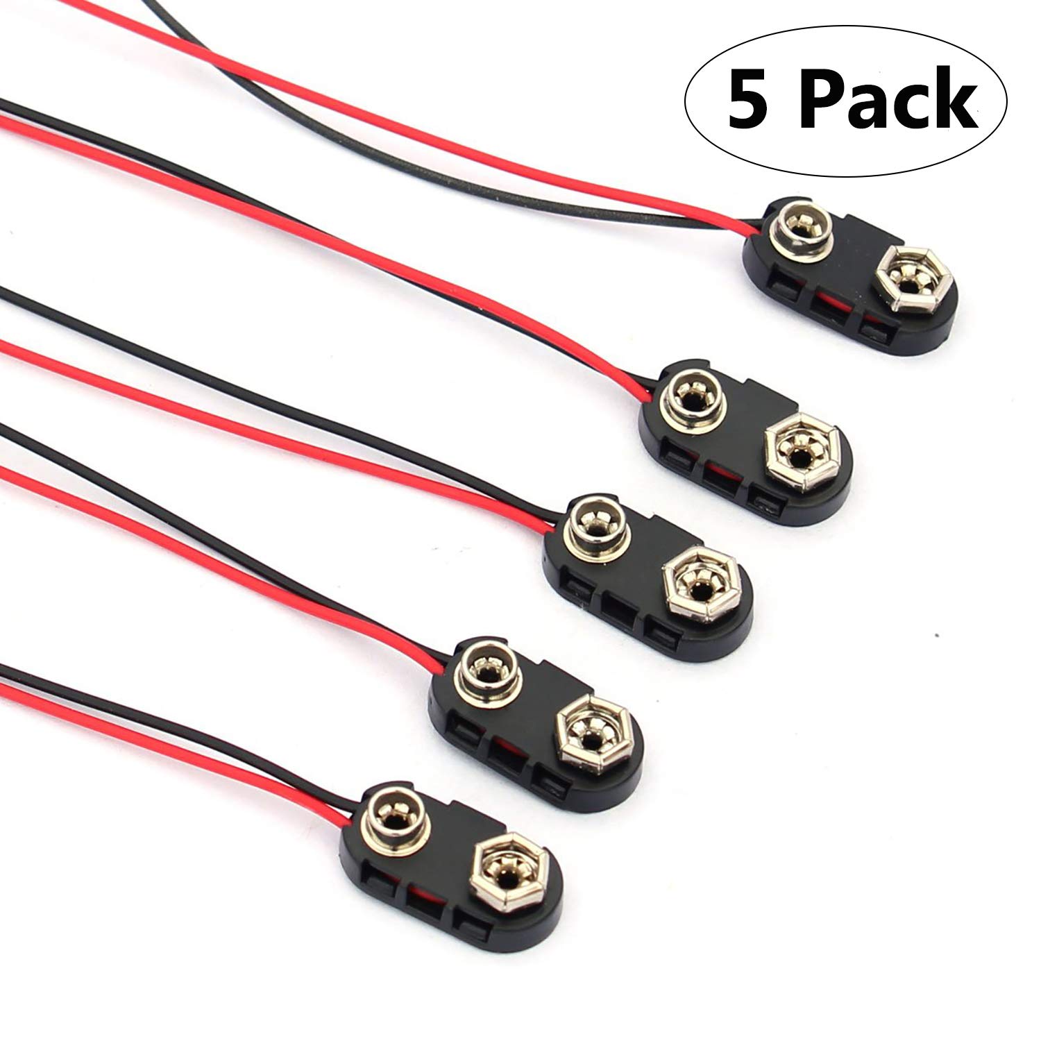 MCIGICM 5Pcs 9V Battery Clips Connecters Holders with 6 inch Bare Leads and Hard Shell (Type I)