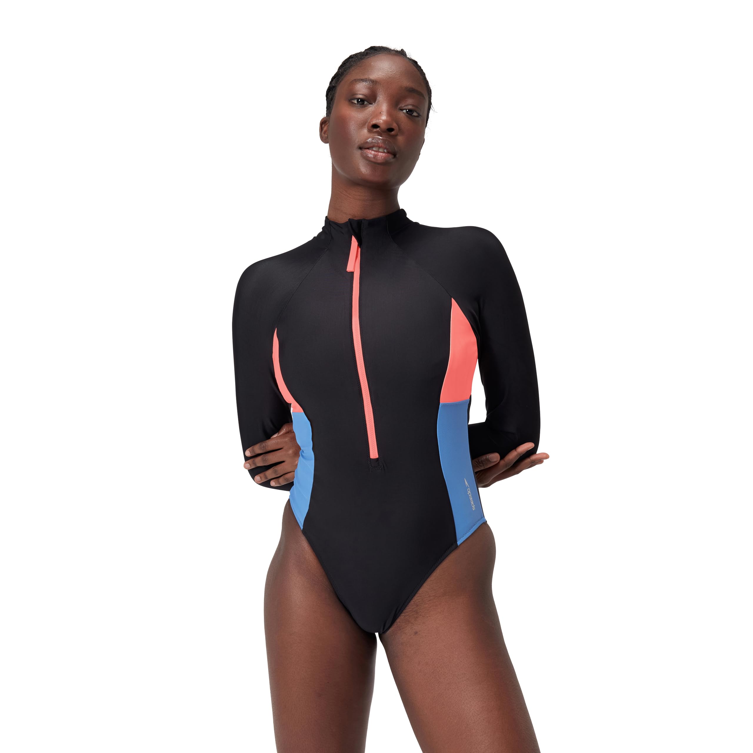 Speedo Womens Long Sleeve Zip Colorblock One Piece Swim Suit