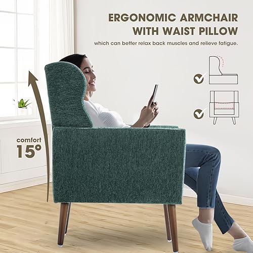Miniatura 6 de cinkehome Sillas decorativas con brazos para sala de estar, sillón moderno tapizado en chenilla, cómoda silla de salón acolchada y suave para Verde