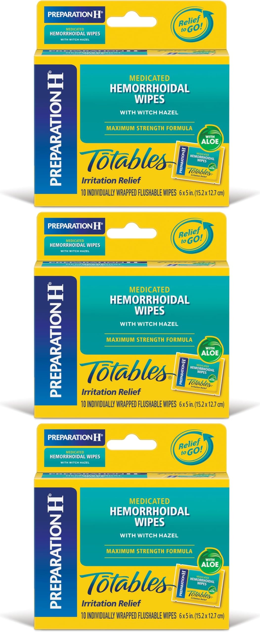 Totables Hemorrhoid Flushable Wipes with Witch Hazel for Skin Irritation Relief - 10 Count (Pack of 3)