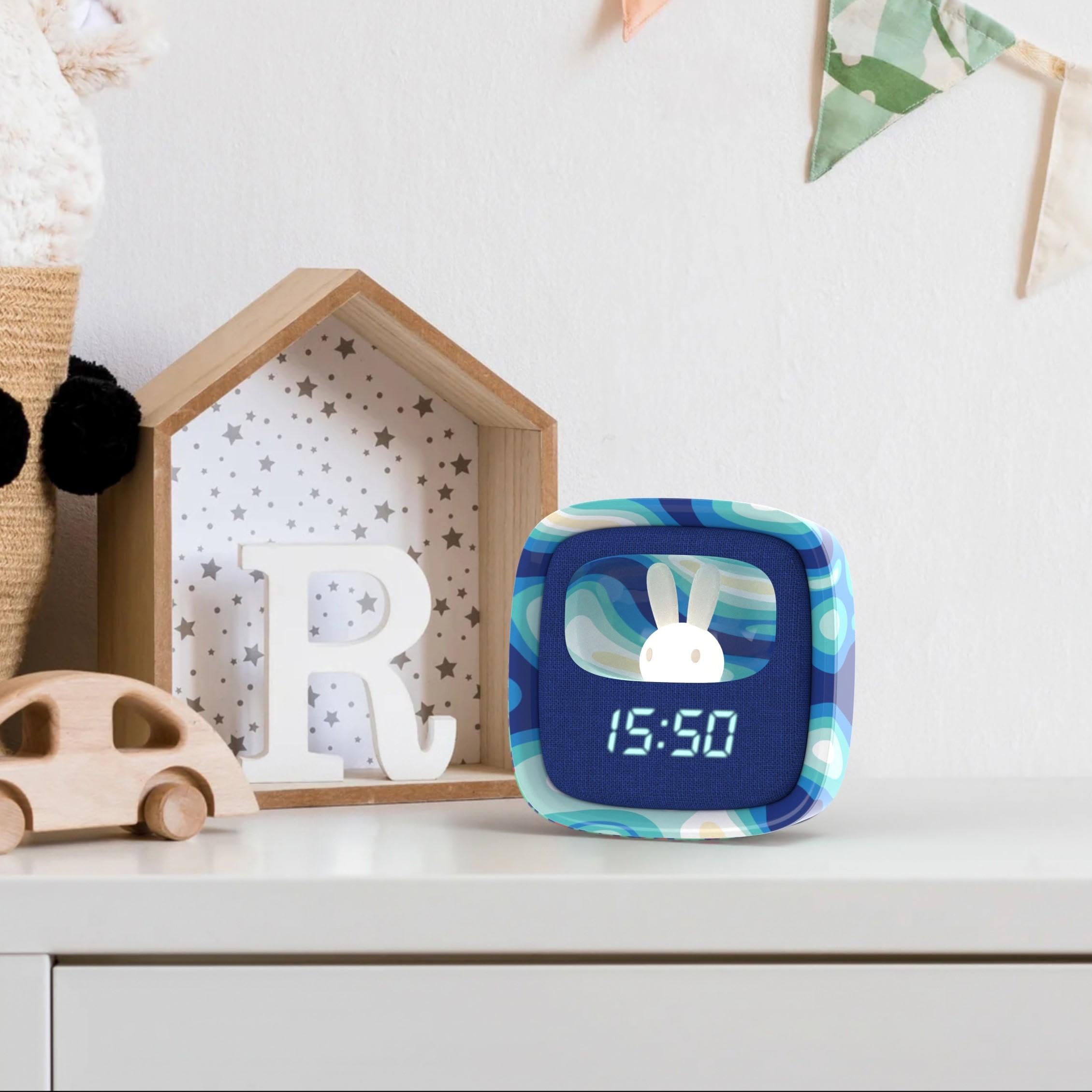 Billy Clock - Sveglia e luce notturna per bambini, telaio in plastica soft-touch, programmazione data, ora e 3 allarmi, blu waves, mob