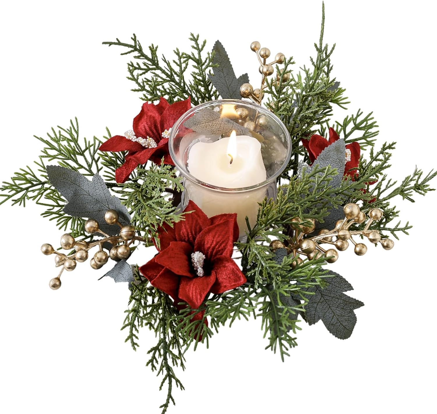 Christmas Candle Rings Artificial Poinsettia Golden Berry Greenery Garland Candle Ring Holder Garland Candle Ring Christmas Decoration for Pillar Rustic Wedding Centerpiece Mantle Table Decor