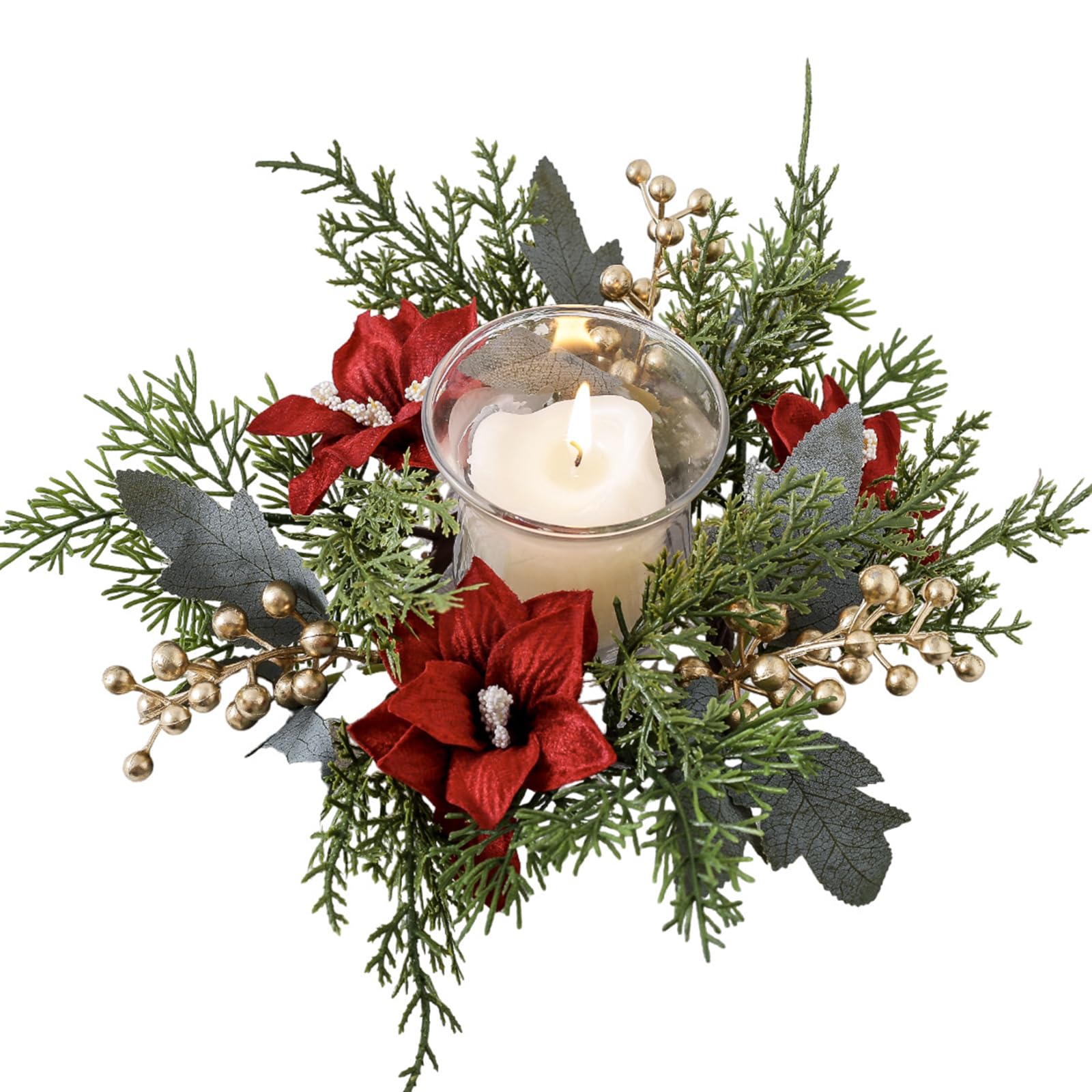 Christmas Candle Rings Artificial Poinsettia Golden Berry Greenery Garland Candle Ring Holder Garland Candle Ring Christmas Decoration for Pillar Rustic Wedding Centerpiece Mantle Table Decor
