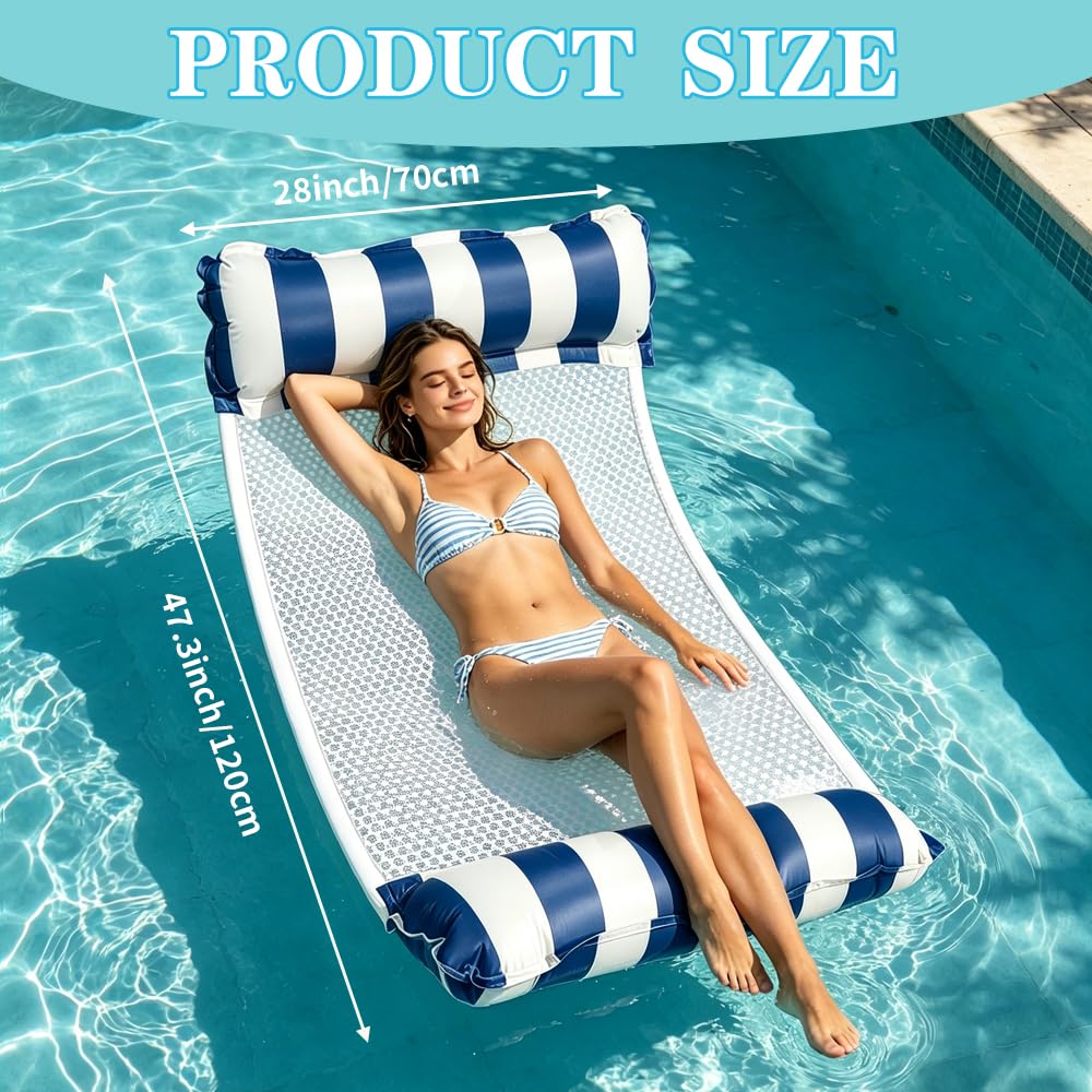 Condition photo showing New/Like New for inflatable hammock pool floats adults, water hammock pool floaties rafts lounge chairs floating, 4-in-1 multi-purpose pool float toys for women men lake beach swimming pool party