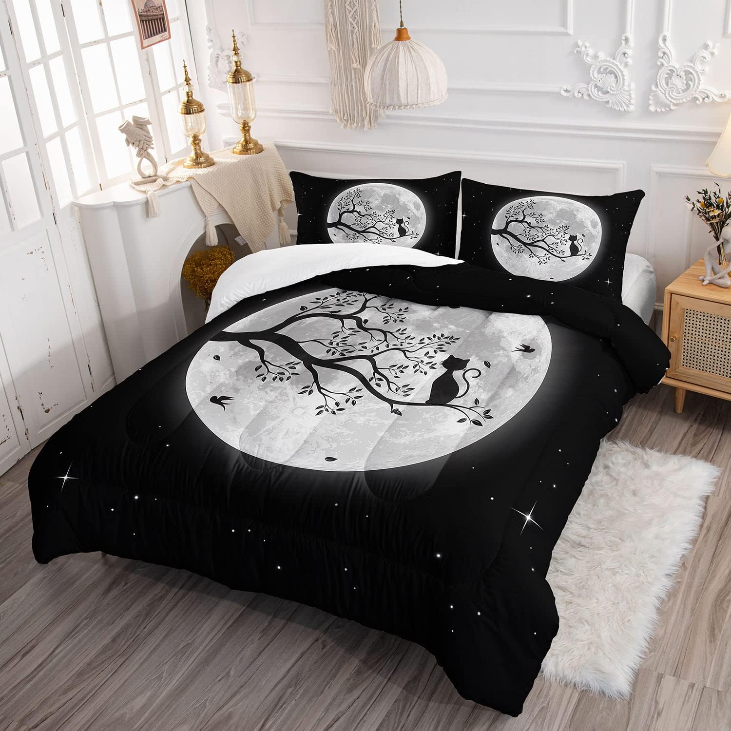 Black Cat and Moon Comforter Set for Girls Women - Night Sky Printed Bedding Set With 2 Pillowcases (Queen)