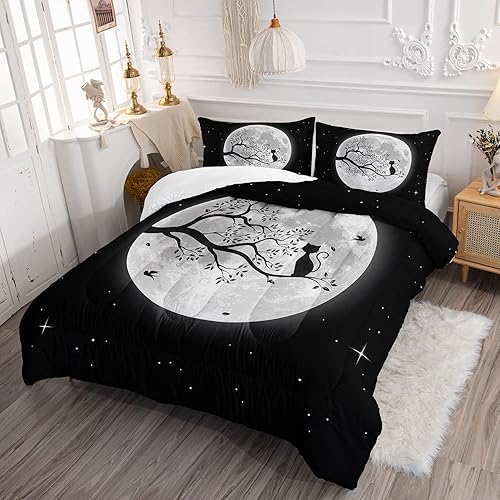Miniatura 3 de Juego de edredón negro con diseño de gato y luna para niñas y mujeres, ropa de cama con estampado de cielo nocturno con 2 fundas de almohada