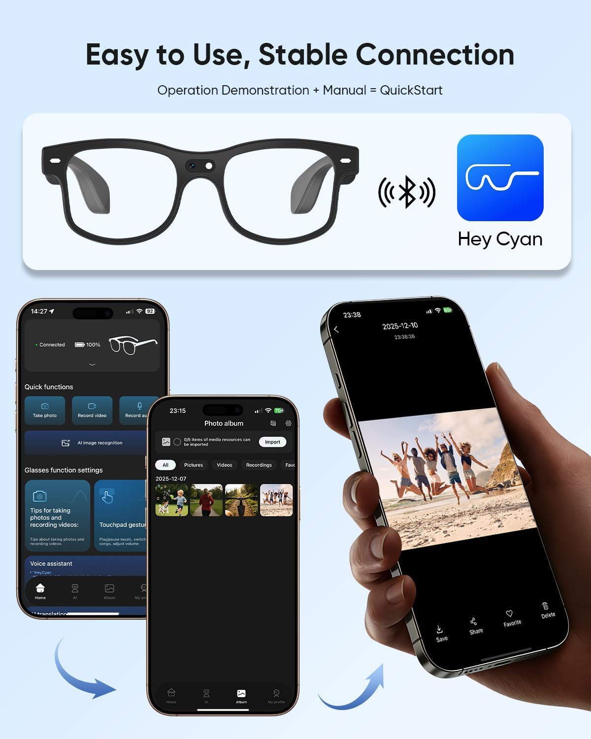 CJkao Smart AI Glasses with Camera for Men, HD Camera Video Recording, Voice Assistant Control, Bluetooth Music Glasses for Teenager(G3-White)