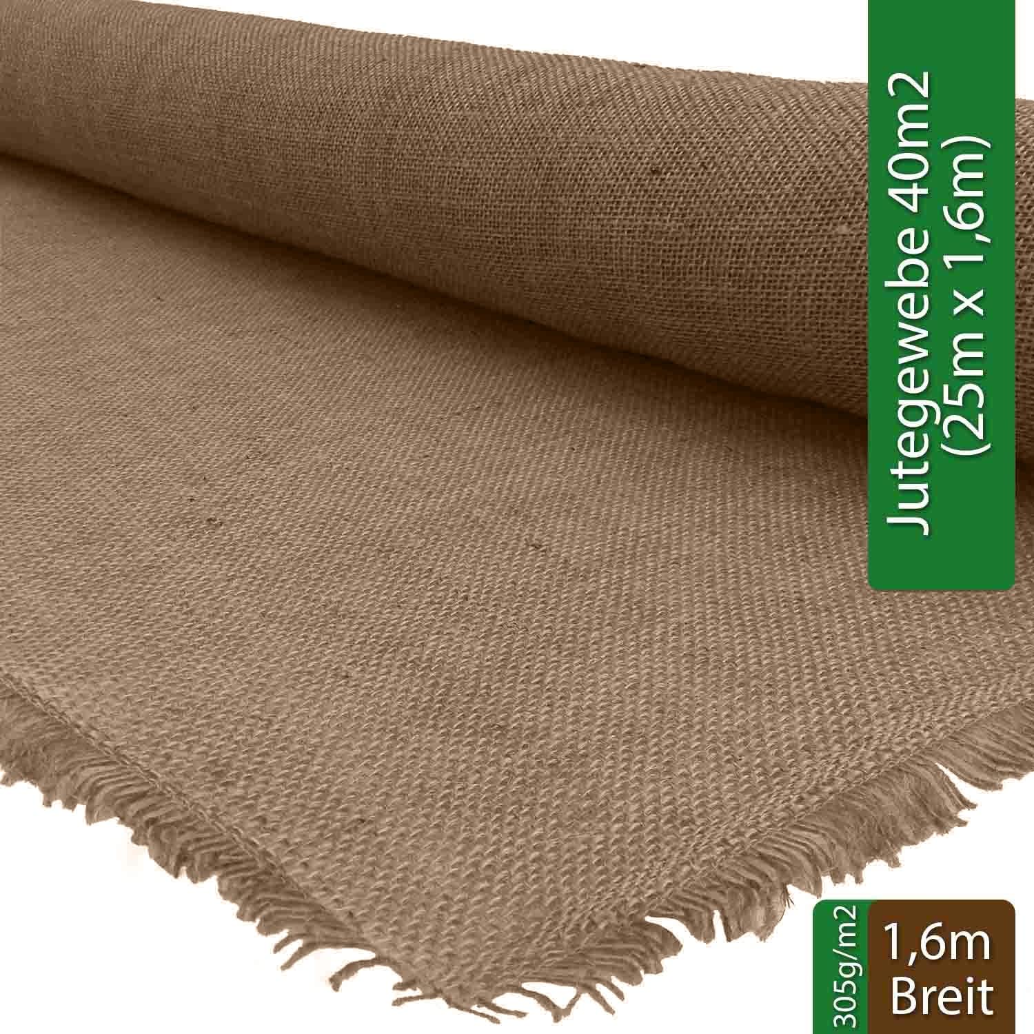 Tela de yute (rombos) de 100% yute natural, 40 m2 (25 m x 1,6 m), peso 305 g/m2, tela de yute natural ecológica, malla estrecha, aspecto natural rústico.