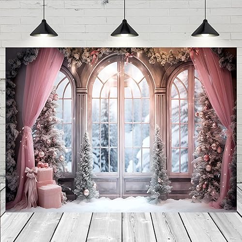 Miniatura 3 de Cortina rosa de invierno, fondo fotográfico de Navidad, invierno, nieve, bosque, ventana, fondo de fotografía, decoración de fiesta familiar, baby