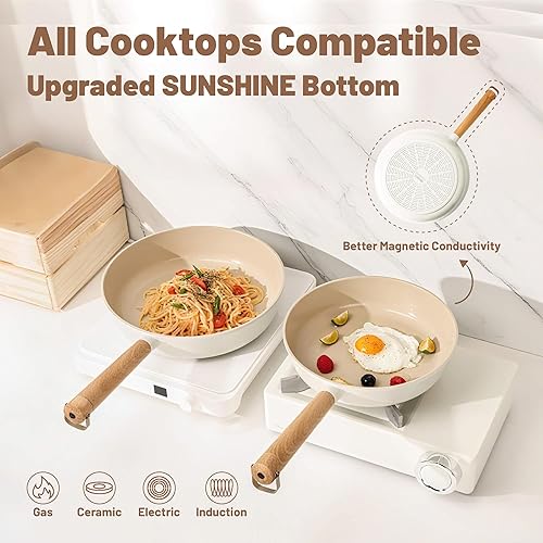 Miniatura 7 de SENSARTE - Juego de utensilios de cocina de cerámica antiadherente, ollas y sartenes no tóxicas y saludables, juego de cocina recubierto de Crema