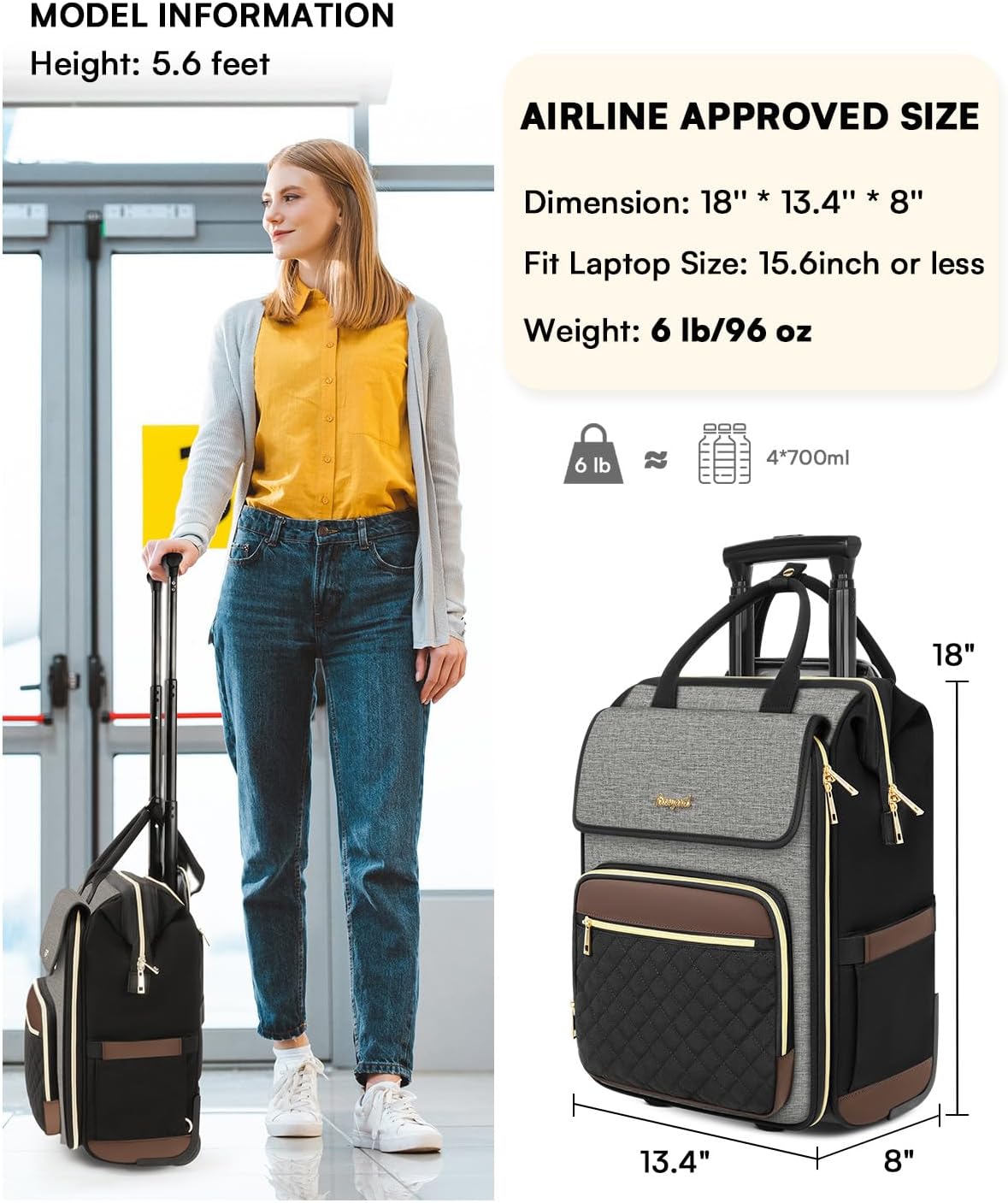 Rolling Backpack for Women, Travel Rolling Laptop Backpack with Wheels, Vertical & Horizontal Storage 2 In 1, Flip-Top Design, Water-Resistant Overnight College Underseat Carry on Luggage, Dark Gray