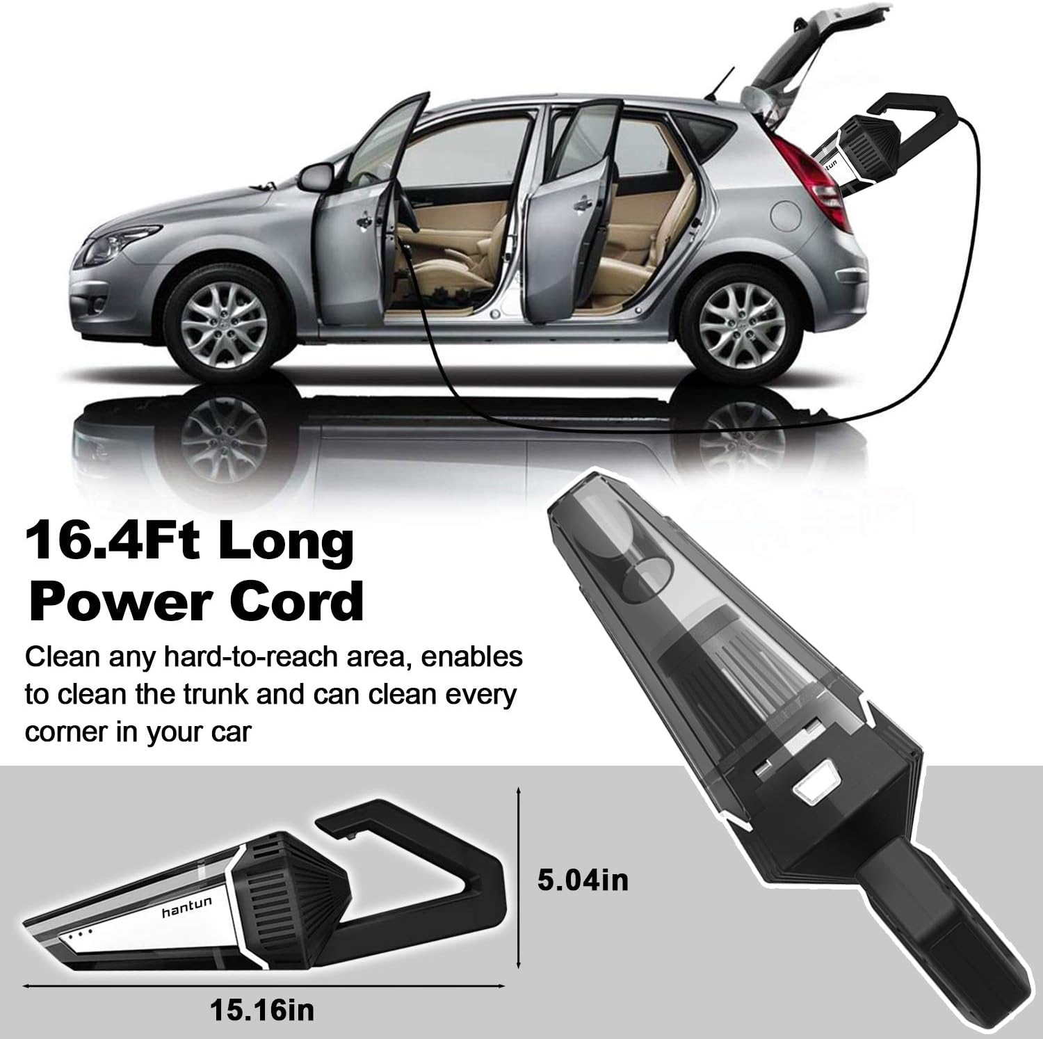Car Vacuum, Corded 12V 120W 5000Pa High Power Portable Handheld Vacuum Cleaner with 16.4FT(5M) Power Cord, Strong Aluminum Fan, 2 HEPA Filter, Wet/Dry Use, for Car Cleaning : Automotive