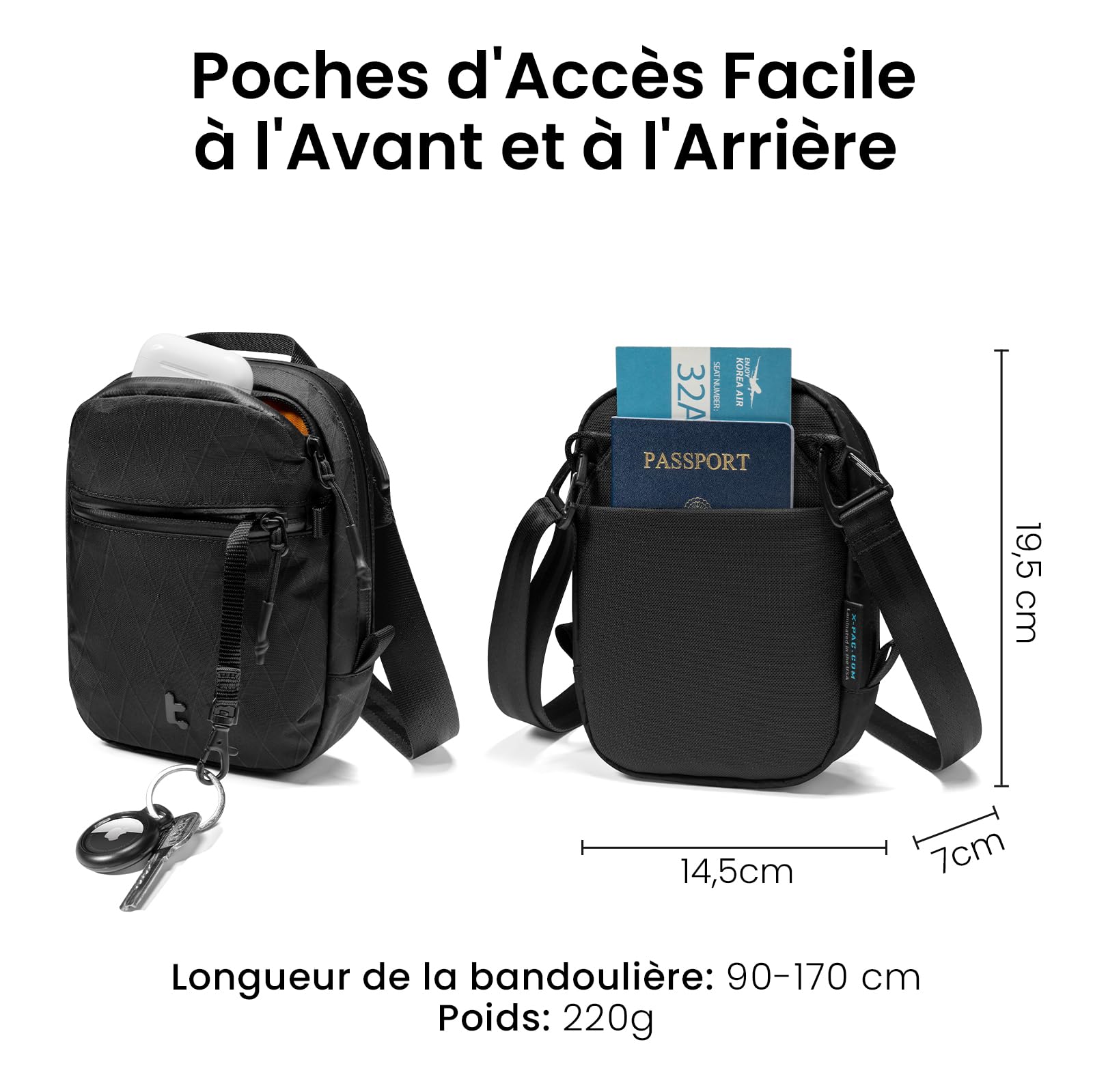tomtoc Porte-Passeport Anti-RFID – Sac Bandoulière Anti-Vol Verrouillable, Fermeture Éclair Sécurisée, 4-6 Passeports, Poches Organisatrices Cartes & Documents – Homme & Femme