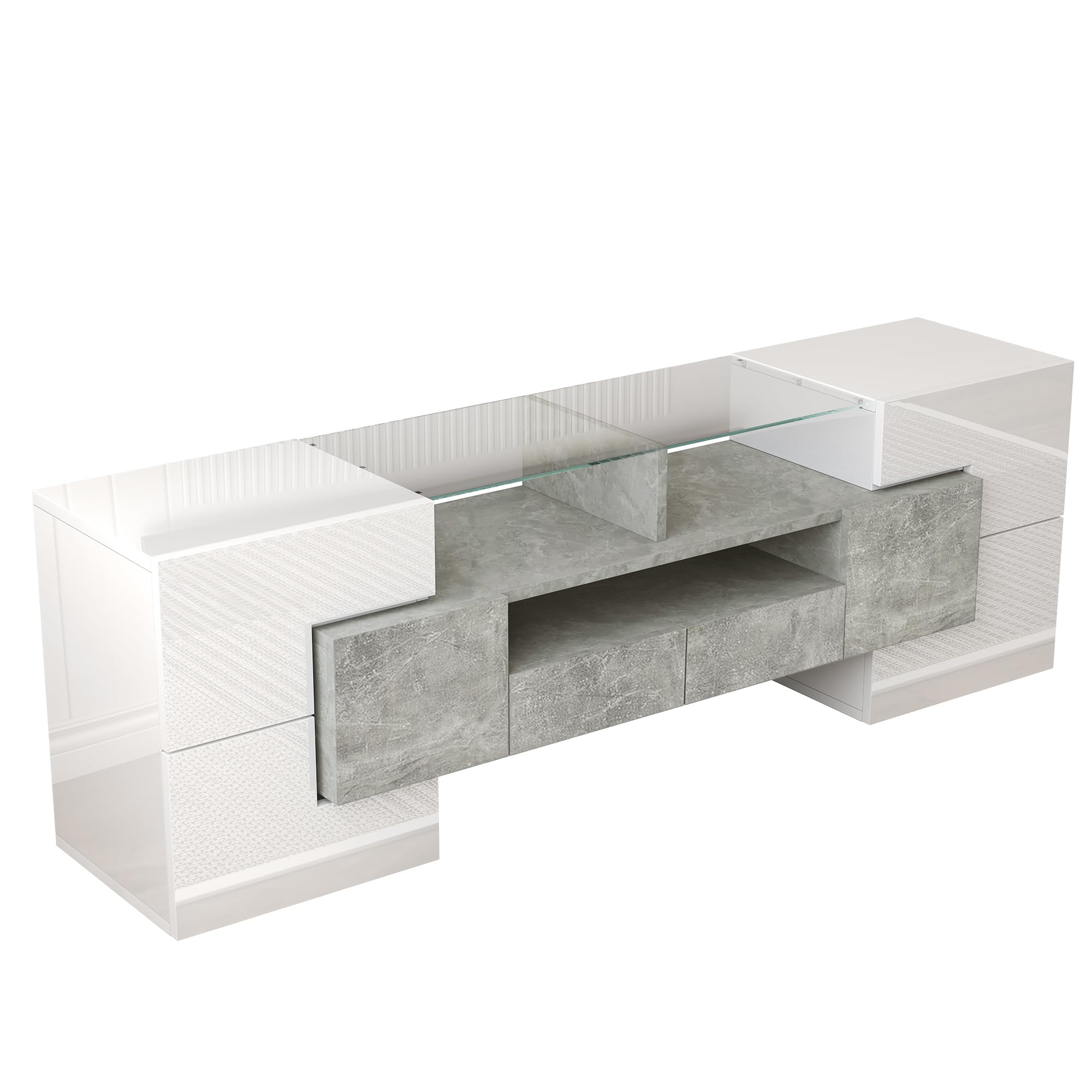 Meuble TV Long 145 cm lowboard avec Portes, tiroirs, Compartiments Ouverts, Meuble TV Surface vitrée avec éclairage LED Buffet Meuble TV pour Salon Gris