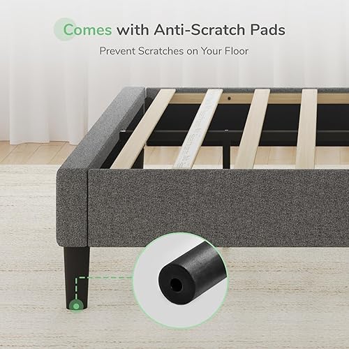 Miniatura 8 de Novilla Base de cama tamaño Queen con cabecera y soporte de listones de madera, marco de cama tapizado Queen no necesita somier, fácil montaje, gris