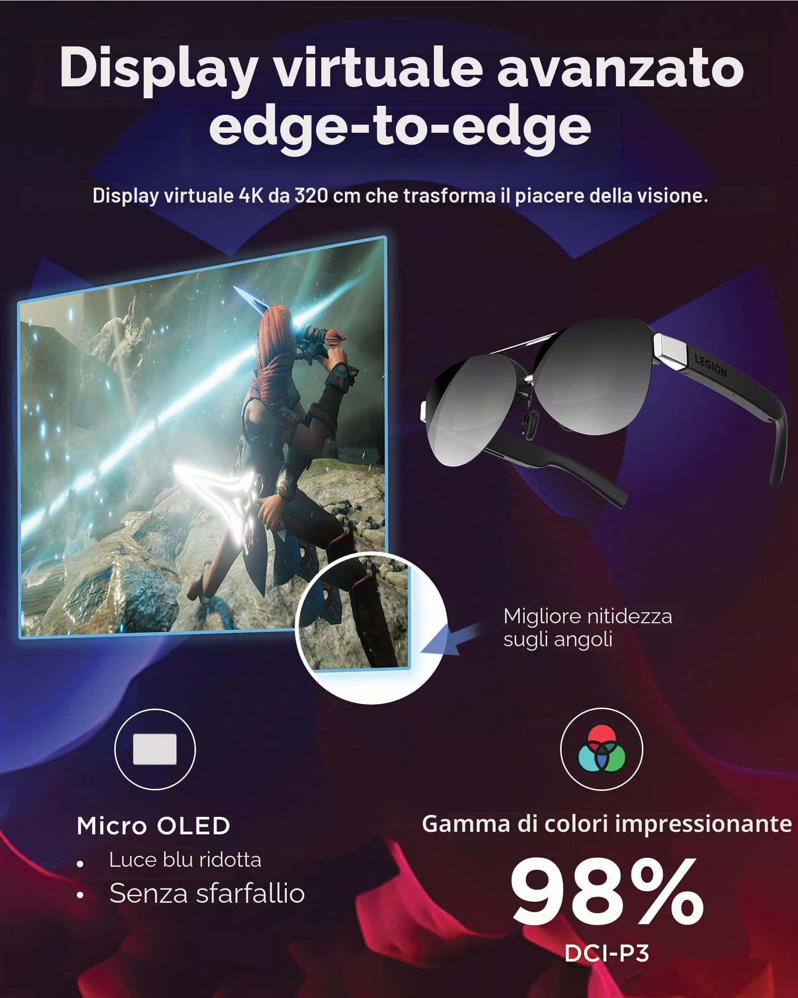 Lenovo Legion Glasses Gen 2 - Monitor indossabile Personale Micro-OLED per Giochi e Film, Display Plug-And-Play FHD 60Hz Legion Go e dispositivi USB-C, Audio ad Alta fedeltà e Privacy